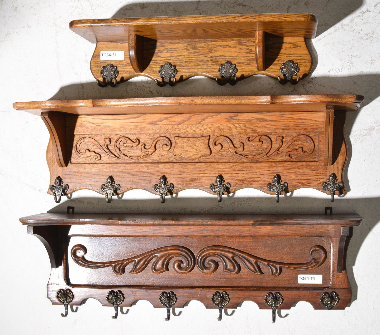 3 Oak Wall Shelves with Hooks (1 of 4)