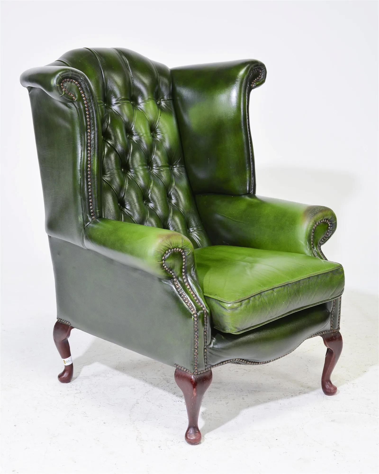 British Green Leather Button Tufted Wing Back Chair (1 of 3)