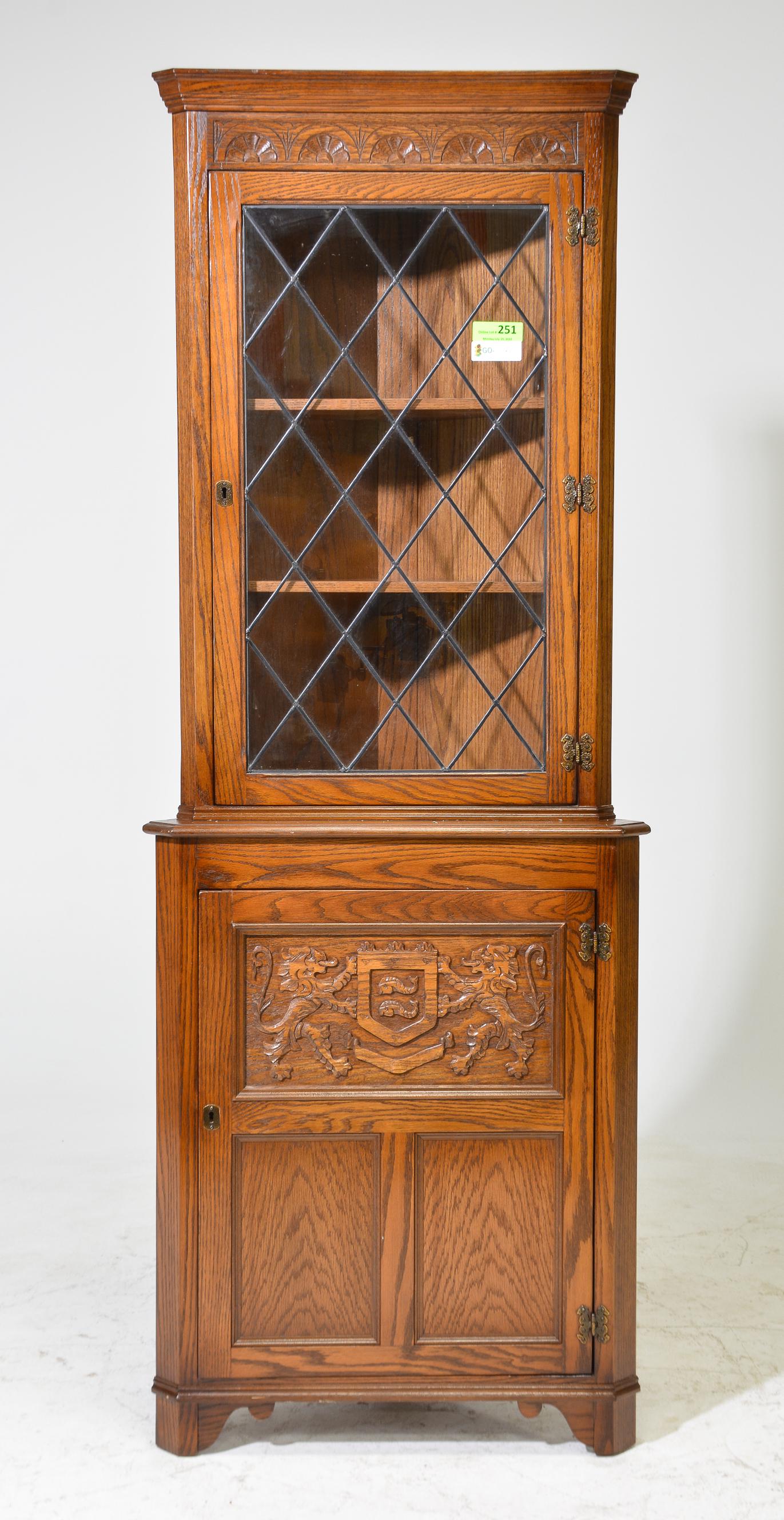British Oak Leaded Glass Corner Cabinet (1 of 4)