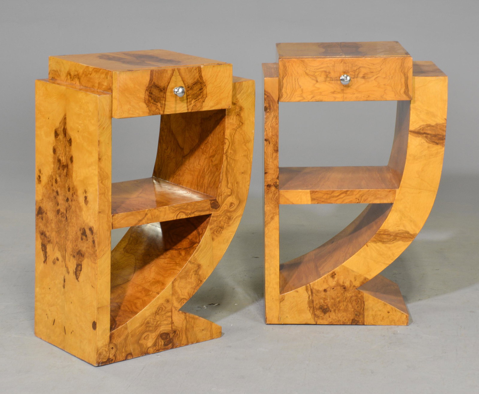 New Item, 2 Burled Art Deco Style Nightstands: New Item, 2 Burled Art Deco Style Nightstands - 29 in tall x 20 x 12