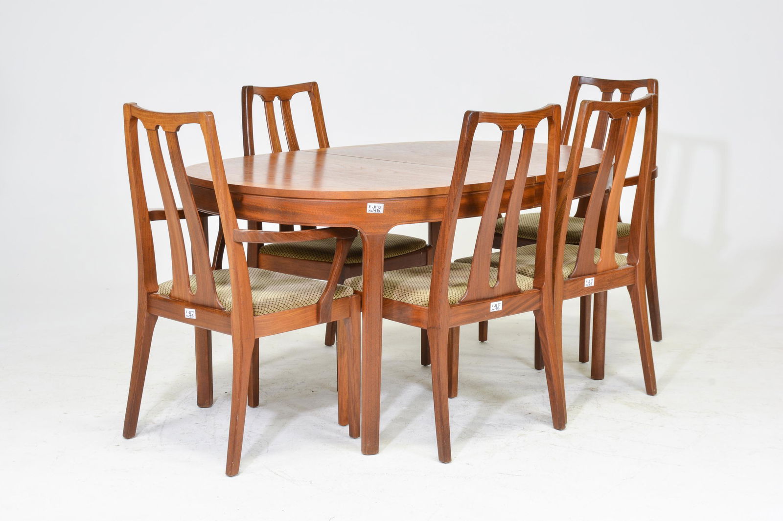 Mid Century Oval Table with Pop up Leaf & 5 Chairs: Danish Modern Style Oval Dining Table & 5 Chairs - Parker Knoll - 30 in tall x 60 x 39, Leaf is 21 inches, Chairs are 38 in tall x 19 x 20