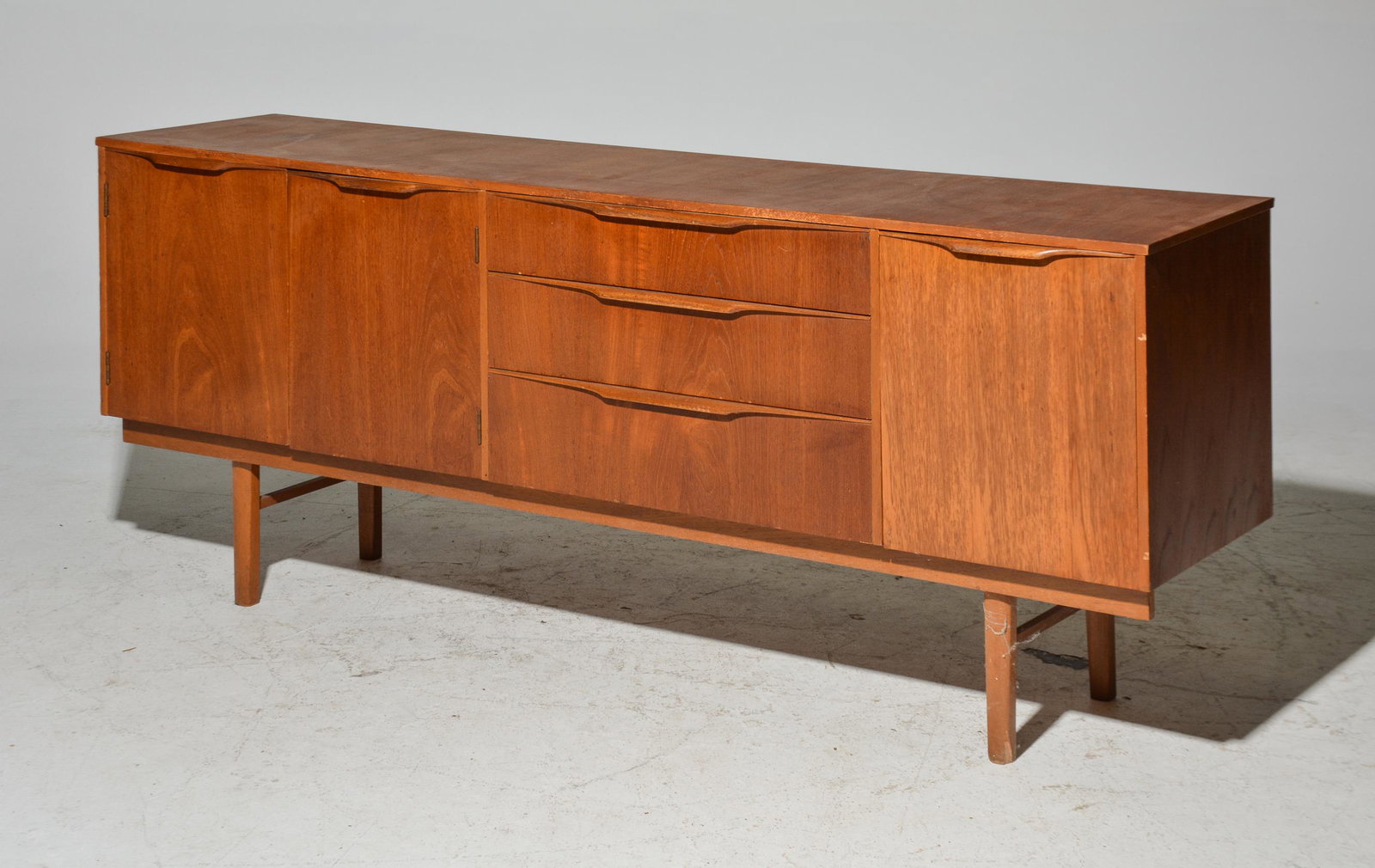 Mid Century Modern Teak Sideboard: Danish Modern Style Teak Sideboard with Folded Handles - 30 in tall x 72 x 17
