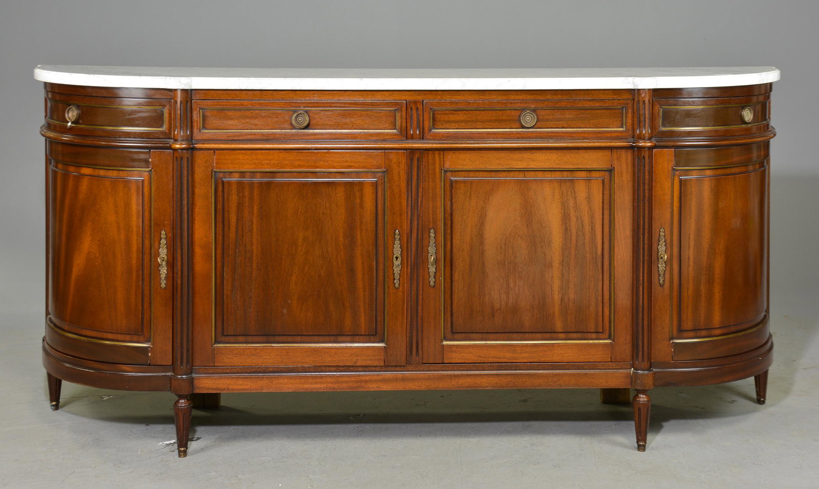 Louis XVI Style White Marble Top Sideboard: French Louis XVI Style White Marble Top Sideboard - 42 in tall x 89 x 20