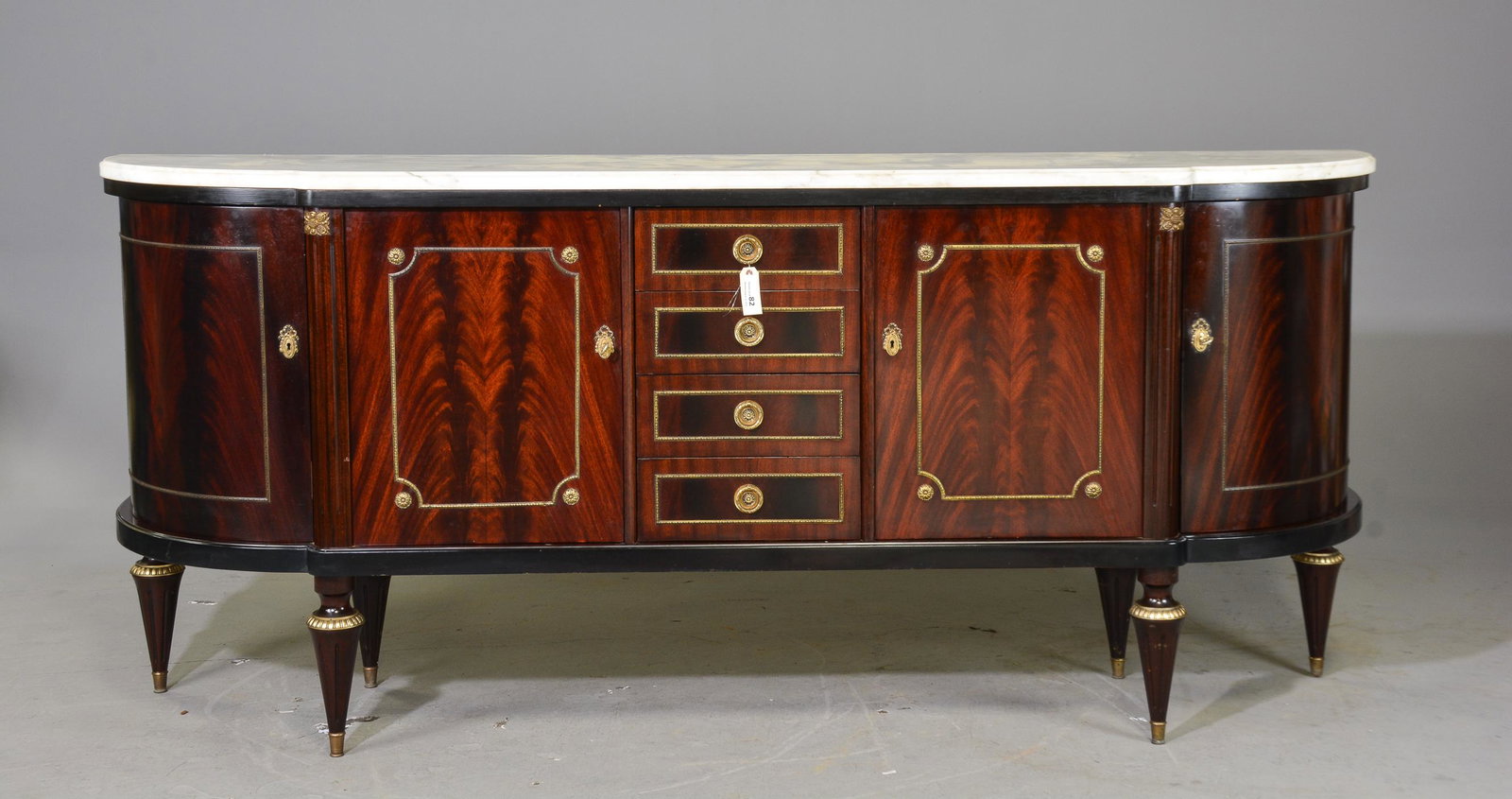 Louis XVI Style White Marble Top Sideboard: French Louis XVI Style White Marble Top Mahogany Sideboard - 42 in tall x 95 x 22