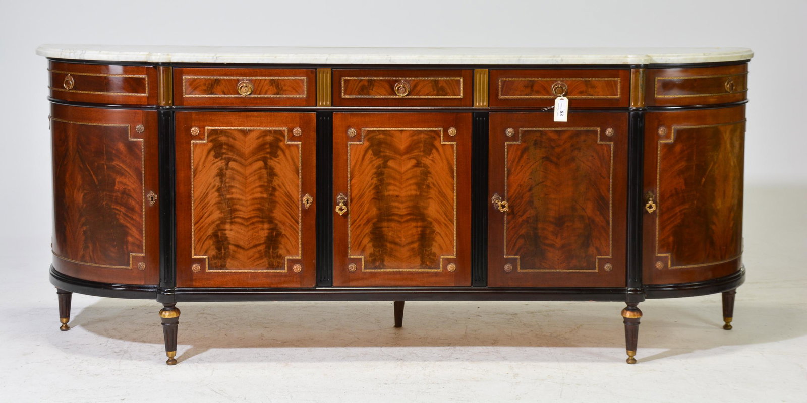 Louis XVI Style White Marble Top Sideboard: French Louis XVI Style White Marble Top Mahogany Sideboard - 42 in tall x 98 x 23