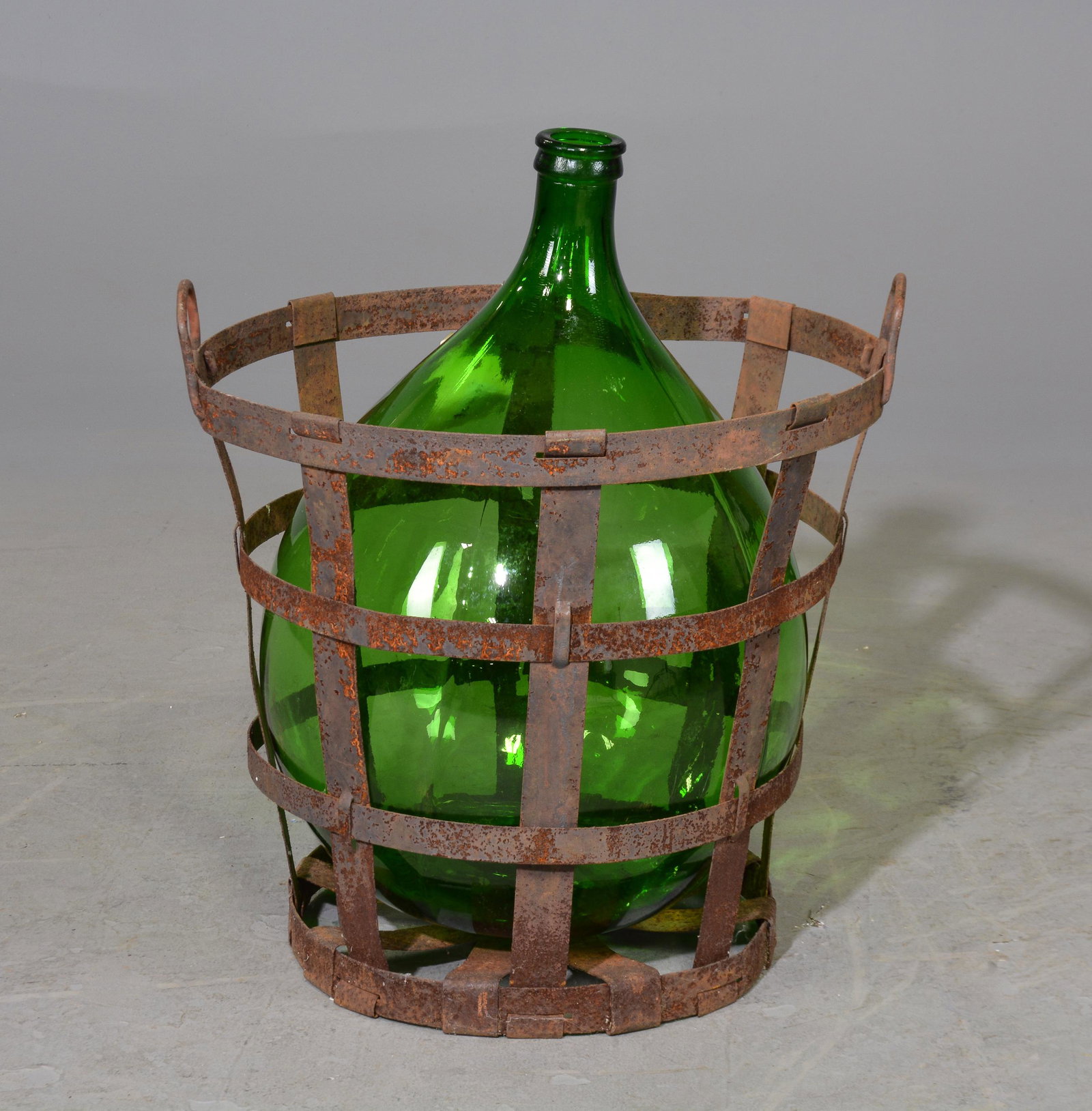 Green Demijohn / Glass Bottle in Metal Basket #4 (1 of 3)