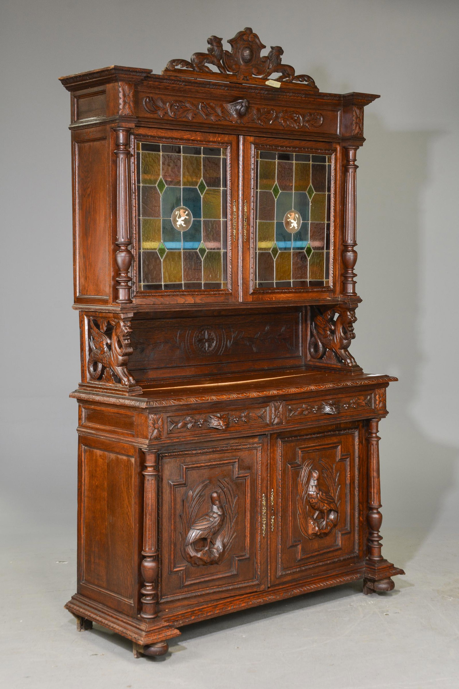 Louis XIII Style Oak Double Buffet with Stained Glass: French Louis XIII Style Oak Double Buffet with Stained Glass - 98 in tall x 56 x 22