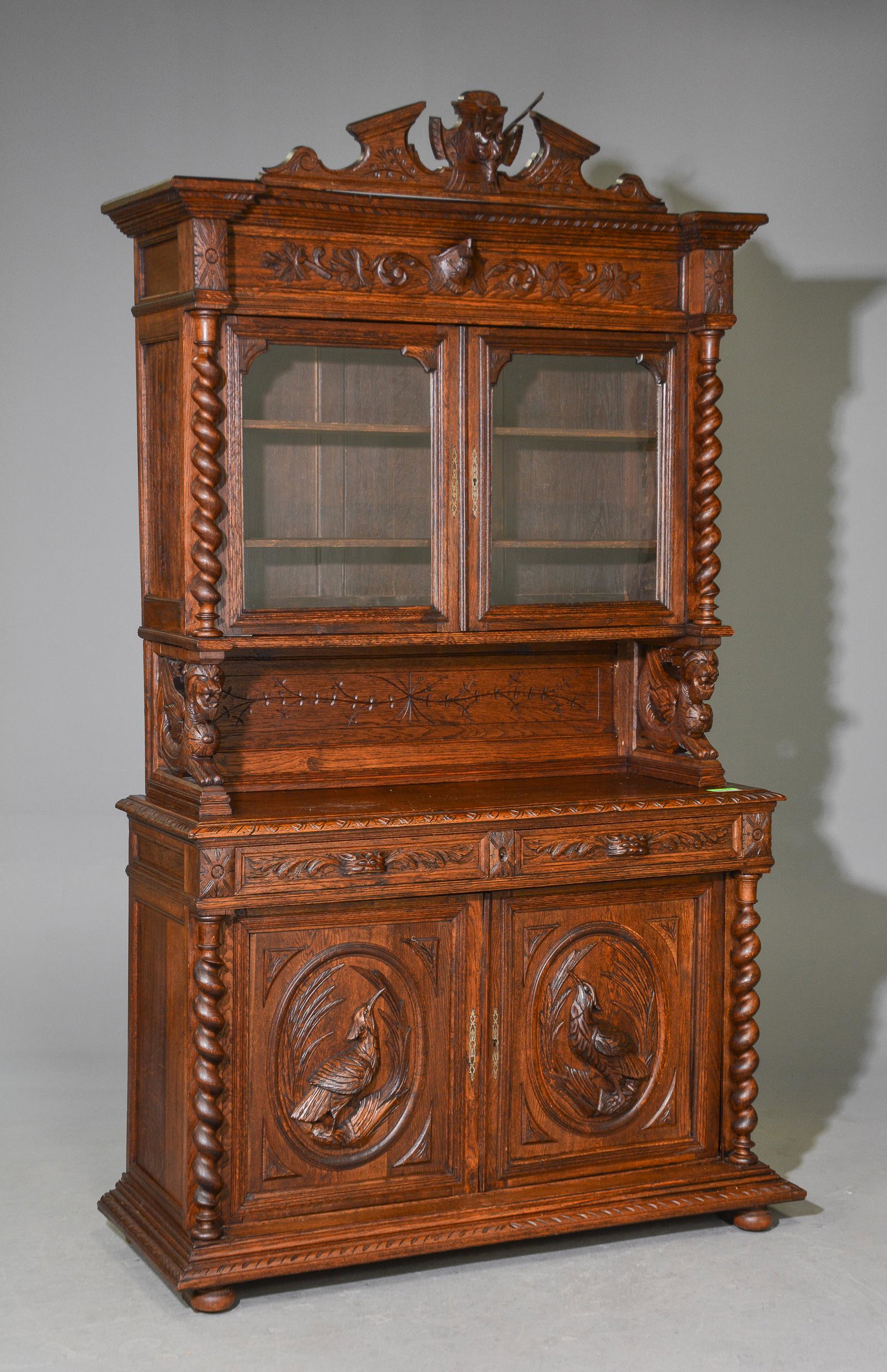 Louis XIII Style Oak Hunt Barley Twist Double Buffet: Louis XIII Style Carved Oak Hunt Barley Twist Double Buffet - 96 in tall x 57 x 22