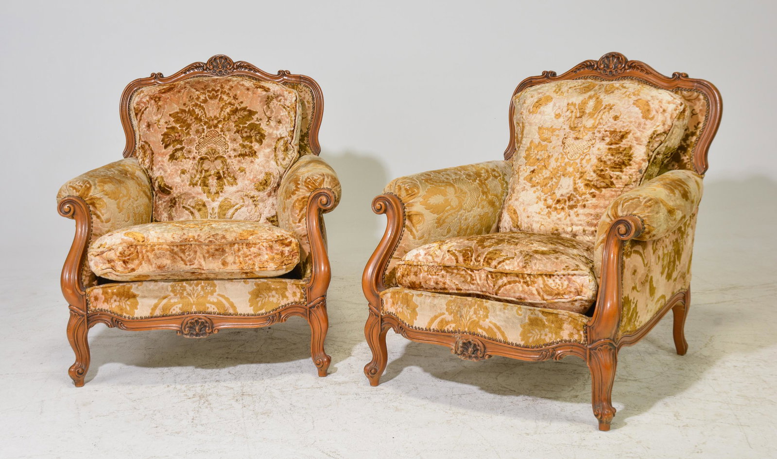 2 Louis XV Style Large Upholstered Arm Chairs: 2 French Louis XV Style Large Upholstered Arm Chairs - 36 in tall x 31 x 35