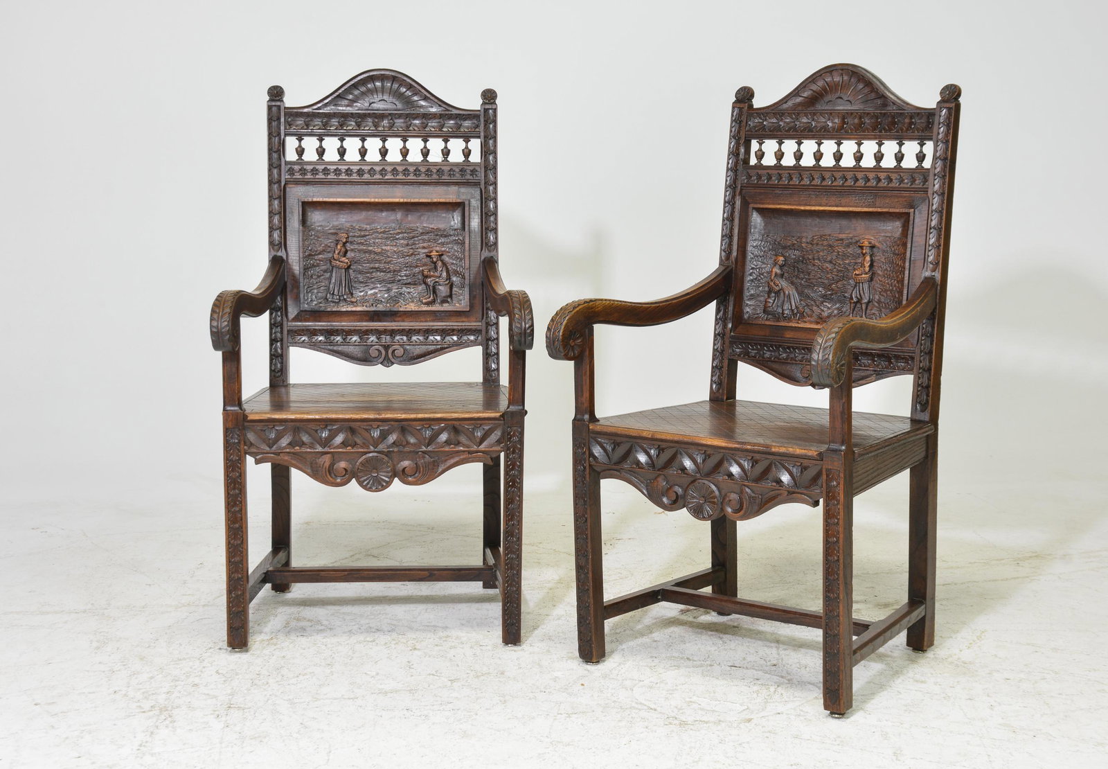 2 Breton Style Carved Chestnut Arm Chairs (1 of 5)