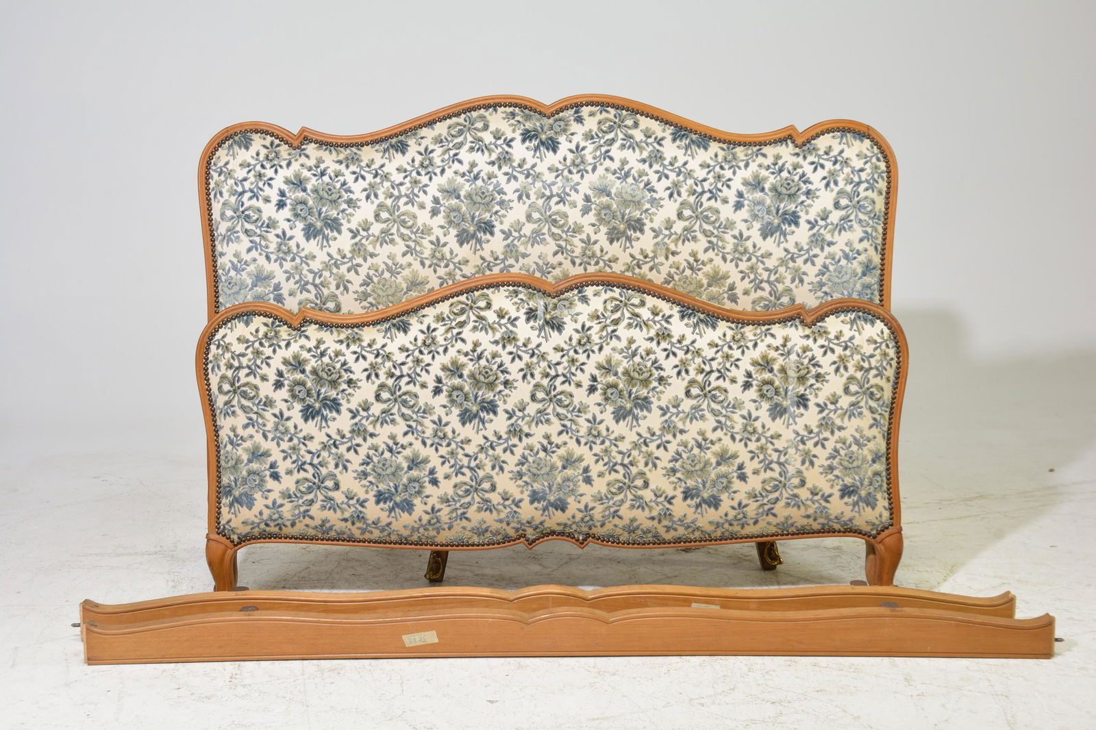 Louis XV Style Upholstered Bed with Rails: French Louis XV Style Upholstered Bed with Rails - Headboard is 45 in tall x 59 x 3, Rails are 75 inches long each - This bed is a European Size which can easily be converted to an American size by re