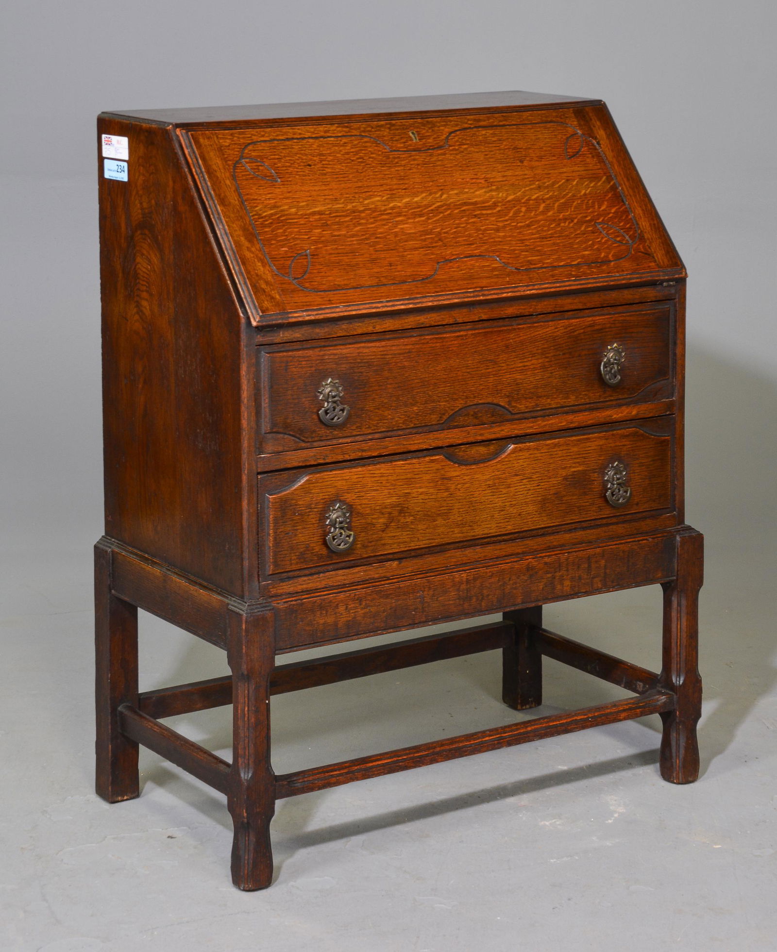 British Oak 2 Drawer Drop Front Desk / Bureau (1 of 4)