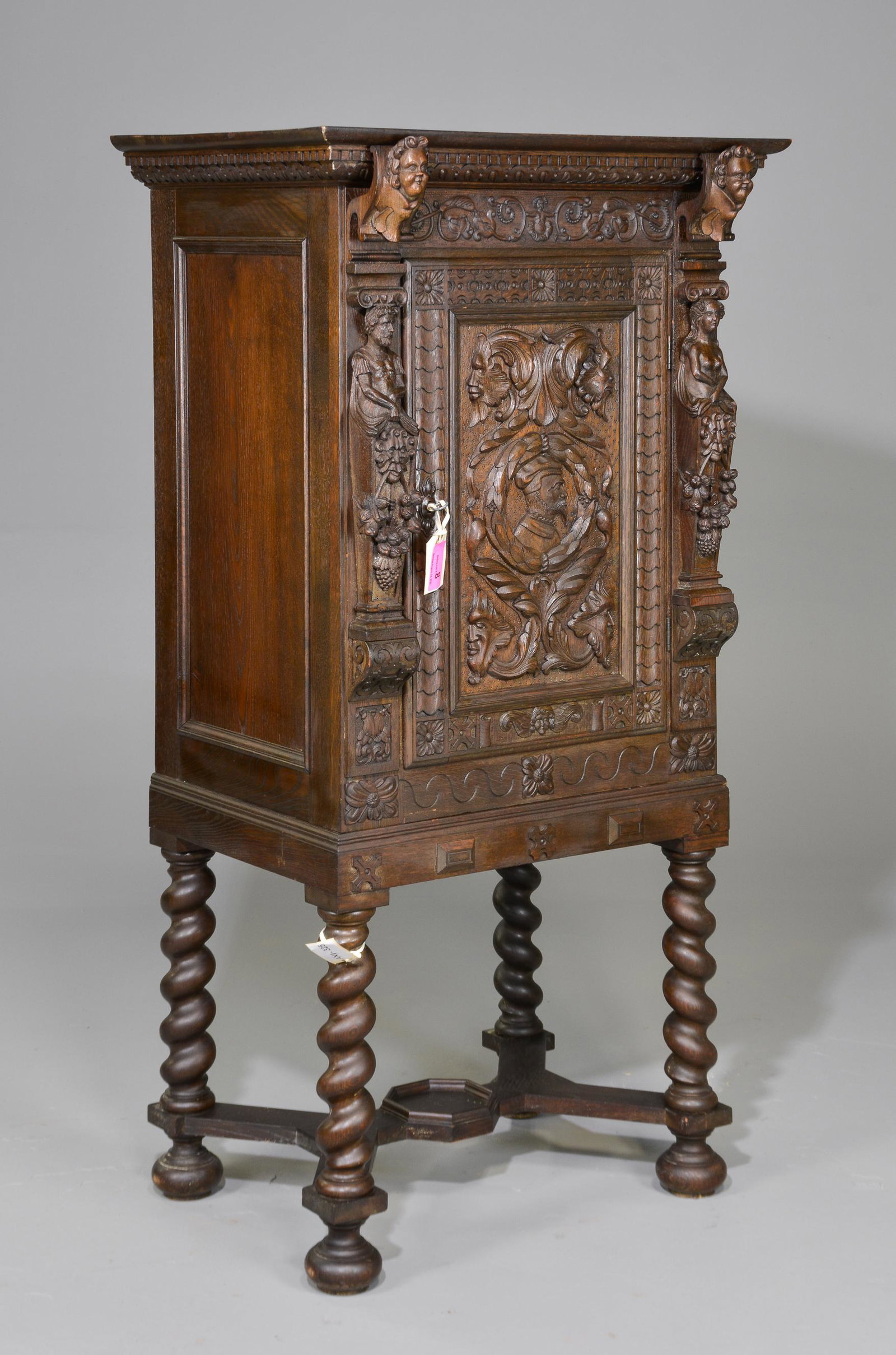 Renaissance Style Oak Barley Twist Cabinet: Renaissance Style Heavily Carved Oak Barley Twist Cabinet - 57 in tall x 30 x 23