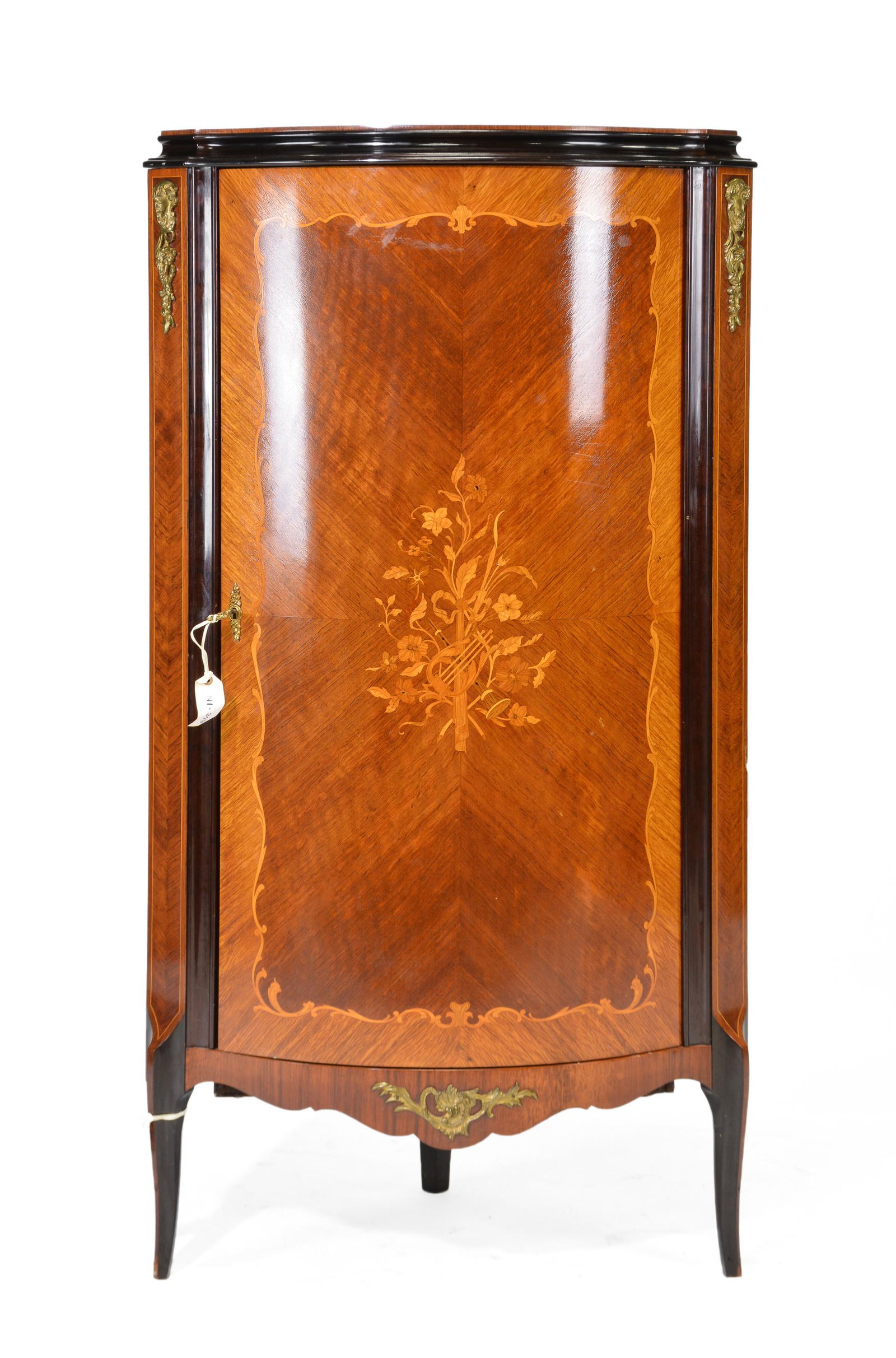 Mahogany Inlaid Corner Cabinet Gilt Ormolu: Mahogany Inlaid Corner Cabinet Gilt Ormolu - 58 in tall x 32 x 23