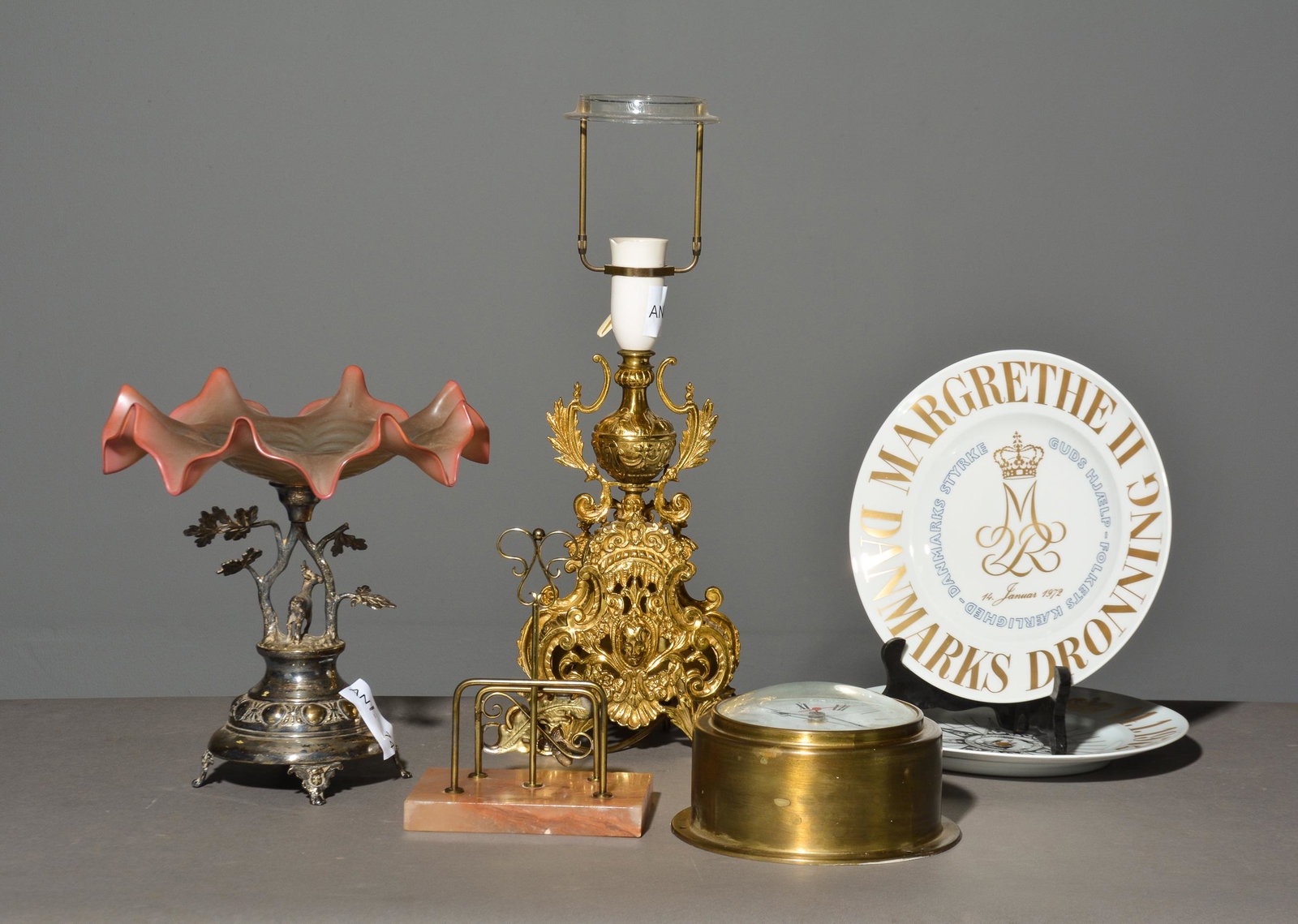 6pcs - Lamp, Compote, Plates, Etc: 6pcs - Lamp, Compote, Plates, Etc - Tallest item is 18 in tall x 6 x 3