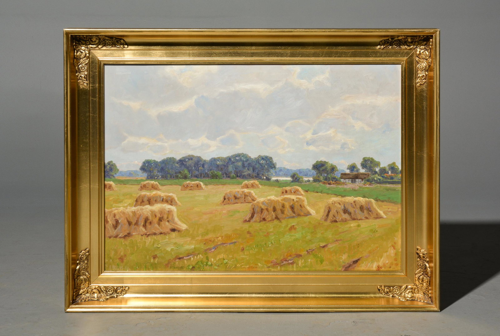 Gold Gilt Framed Oil on Canvas - Hay Field: Gold Gilt Framed Oil on Canvas - Hay Field - Artist signed - 26 in tall x 34 x 3, The art itself is 20 x 28