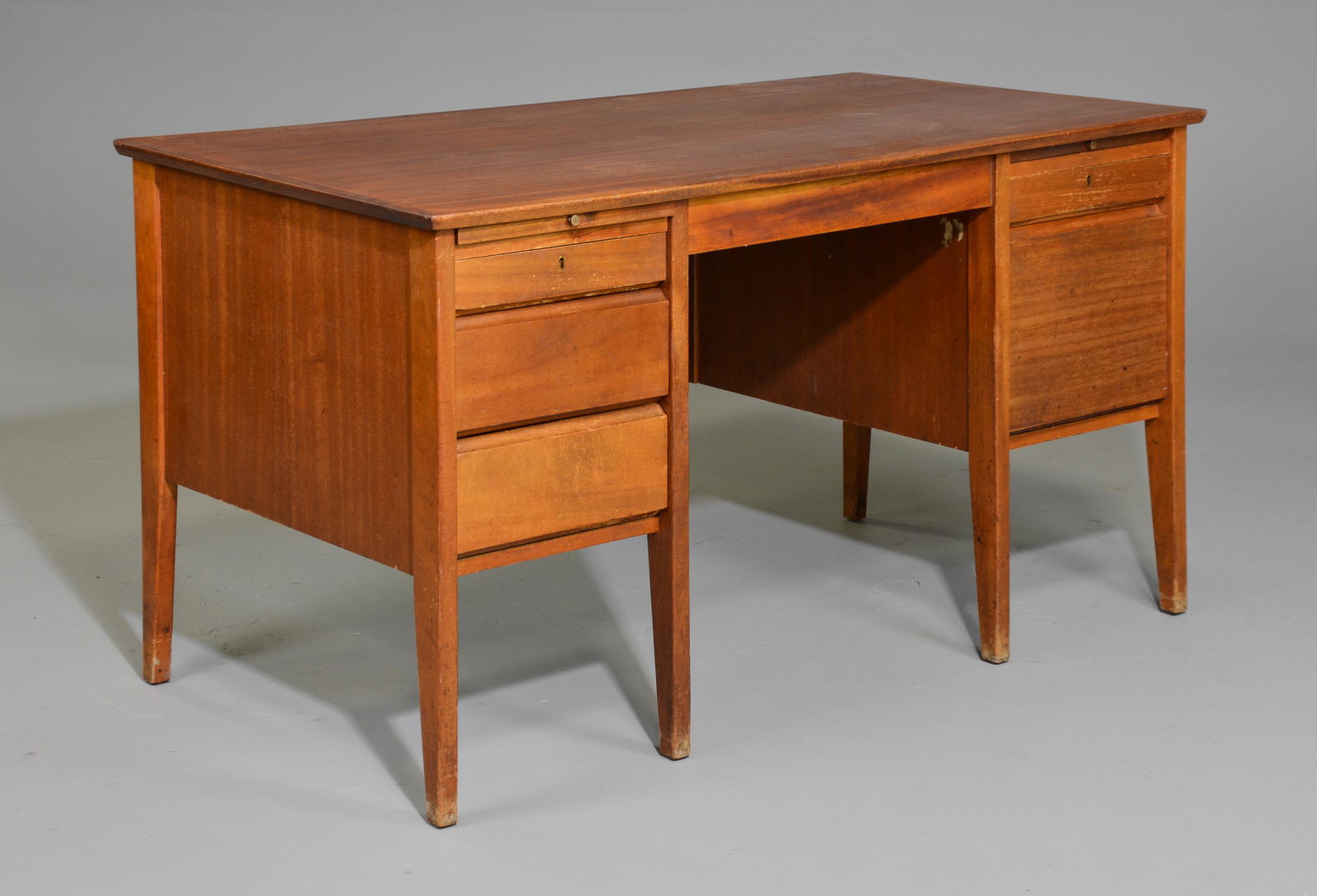Mid Century Modern Teak Desk: Danish Modern Style Teak Desk - 29 in tall x 54 x 30, Kneehole is 26 in tall x 22