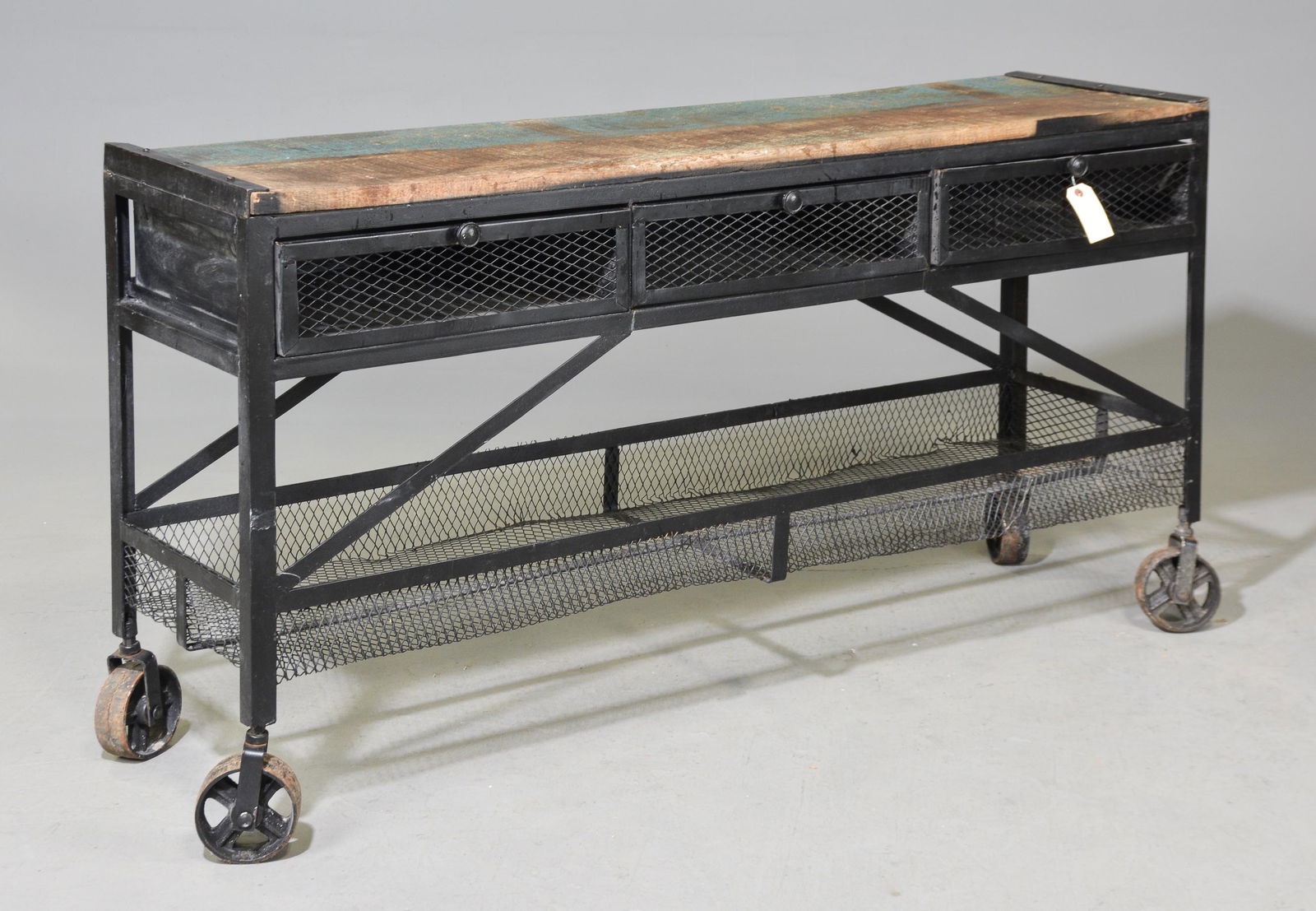 Industrial Rolling Metal Console / Cart with Wood Top (1 of 4)