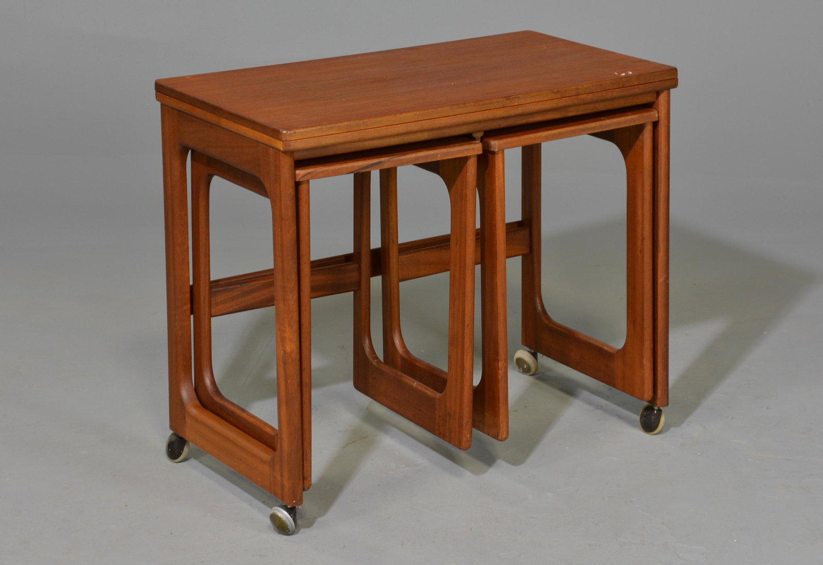 Mid Century Triform Flip Top Nest by Mcintosh: Danish Modern Style Teak Triform Flip Top Nest by McIntosh - 25 tall x 30 x 17 when closed - top is 32 in x 30 in when open
