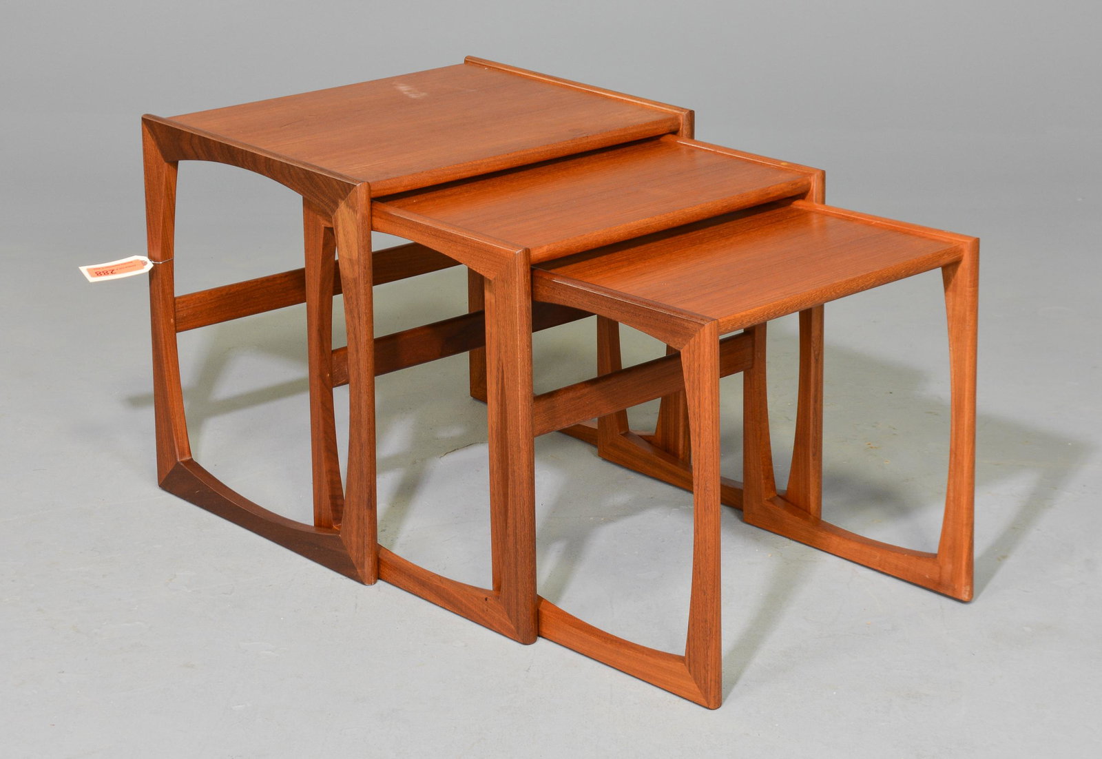 Mid Century Modern Quadrille Nest of 3 Tables: This Danish Modern Style Nest is British and made by Mid Century Modern Furniture Maker G Plan ( Gplan ) it stacks to make a bookcase as well. Measurement for largest table is 20 in tall x 22 wide x 1