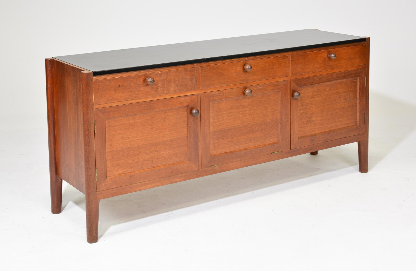Mid Century Modern Sideboard with Black Laminate Top: Danish Modern Style Sideboard with Black Laminate Top - 29 in tall x 62 x 19