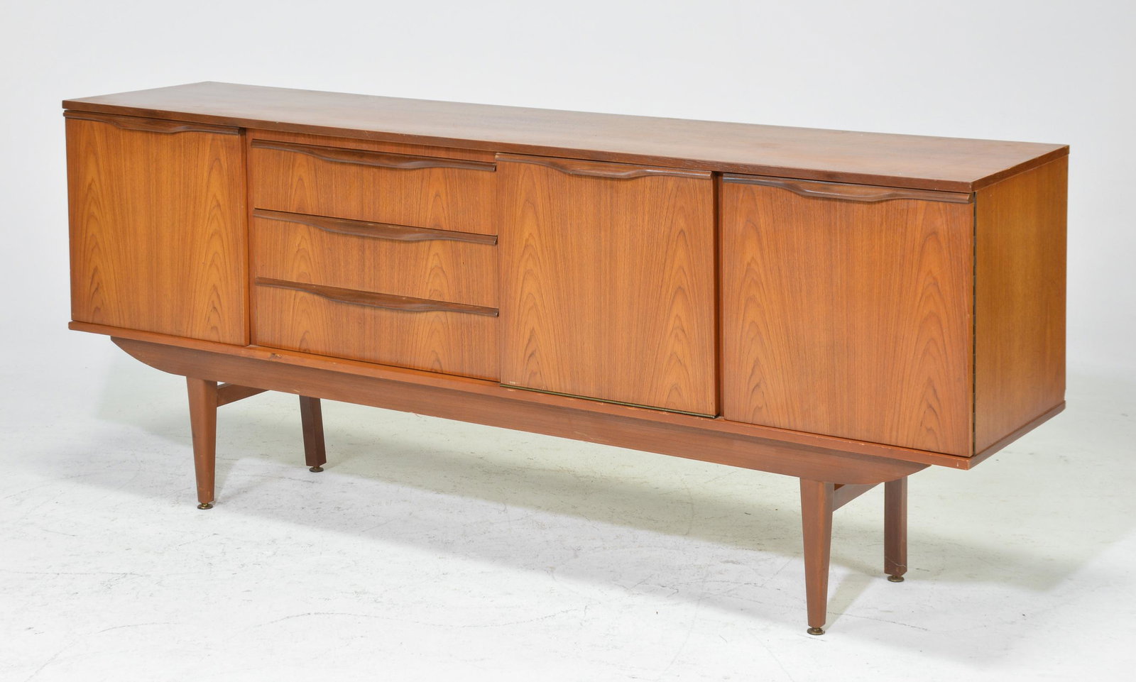 Mid Century Modern Teak Sideboard with Folded Handles: Danish Modern Style Teak Sideboard with Folded Handles