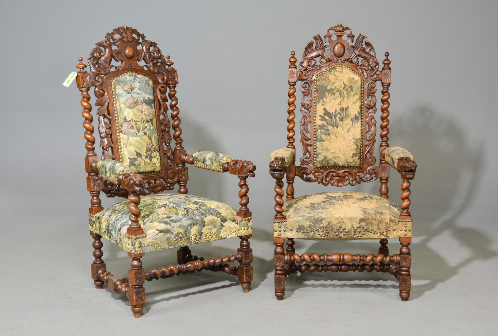 2 Heavily Carved Oak Barley Twist Arm Chairs (1 of 4)
