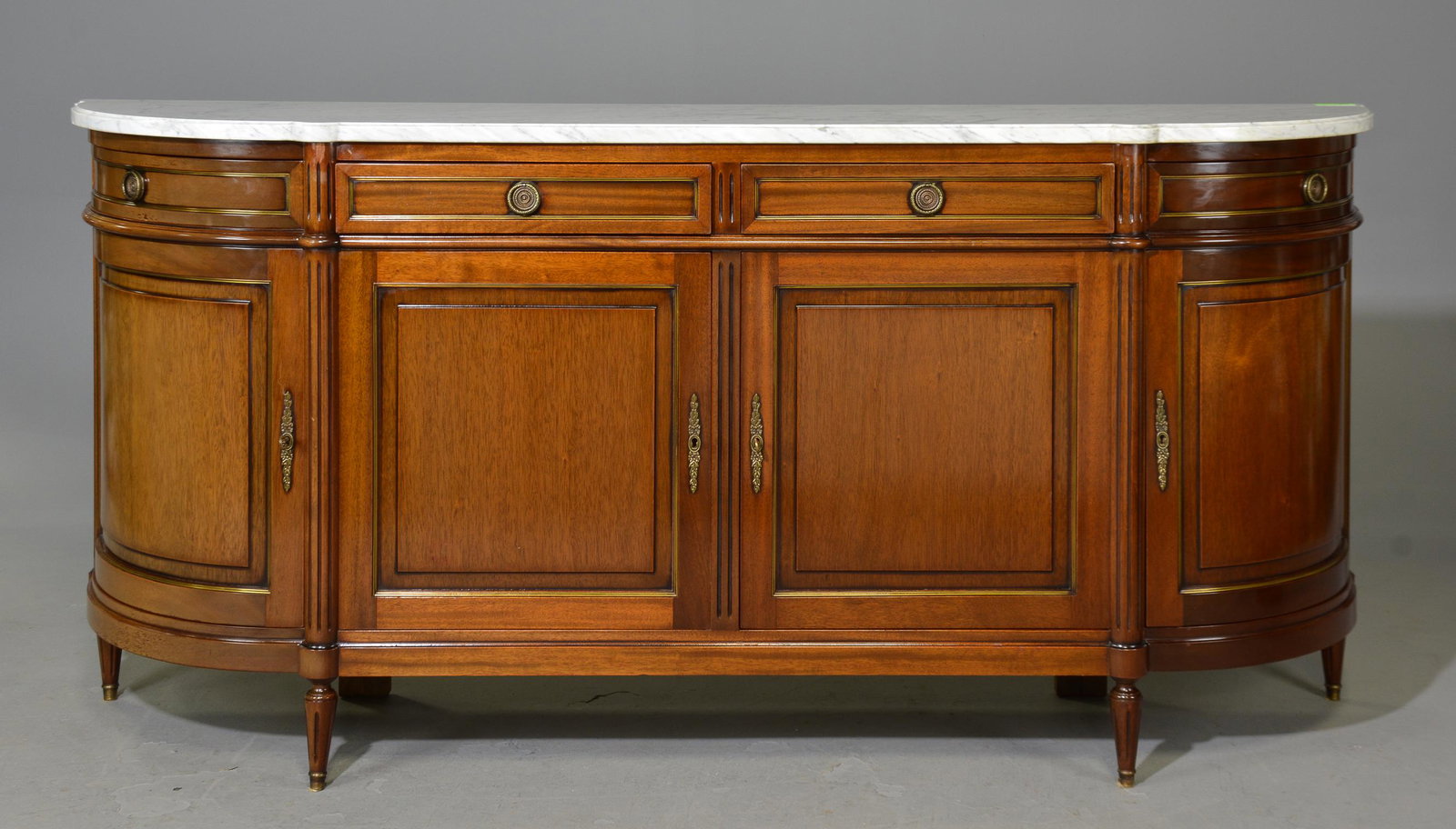 Louis XVI Style White Marble Top Sideboard: French Louis XVI Style White Marble Top Sideboard / Enfilade - 42 in tall x 89 x 20