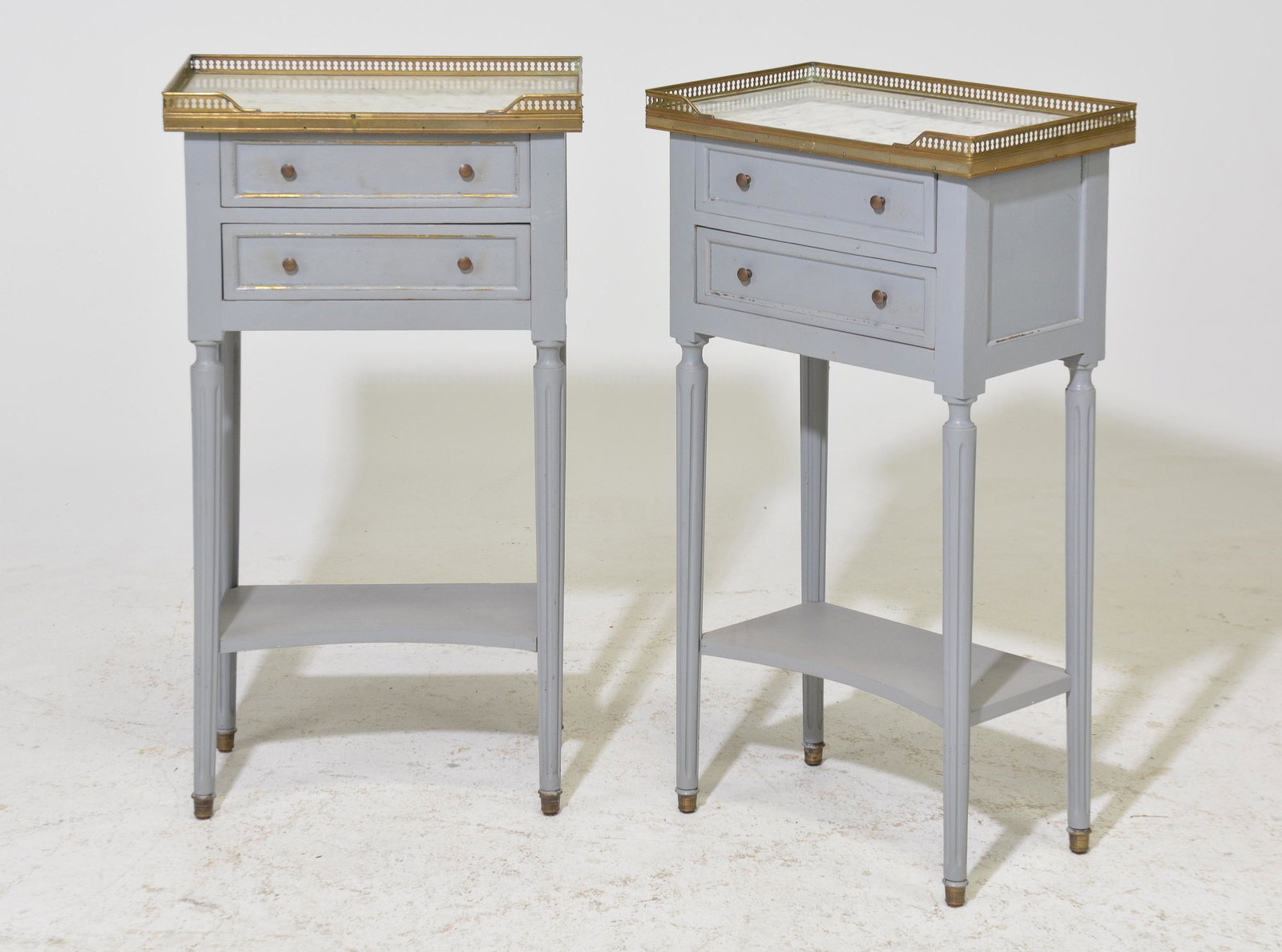2 Louis XVI Style Painted Marble Top Nightstands: 2 Louis XVI Style Painted Marble Top Nightstands - 29 in tall x 16 x 11 each