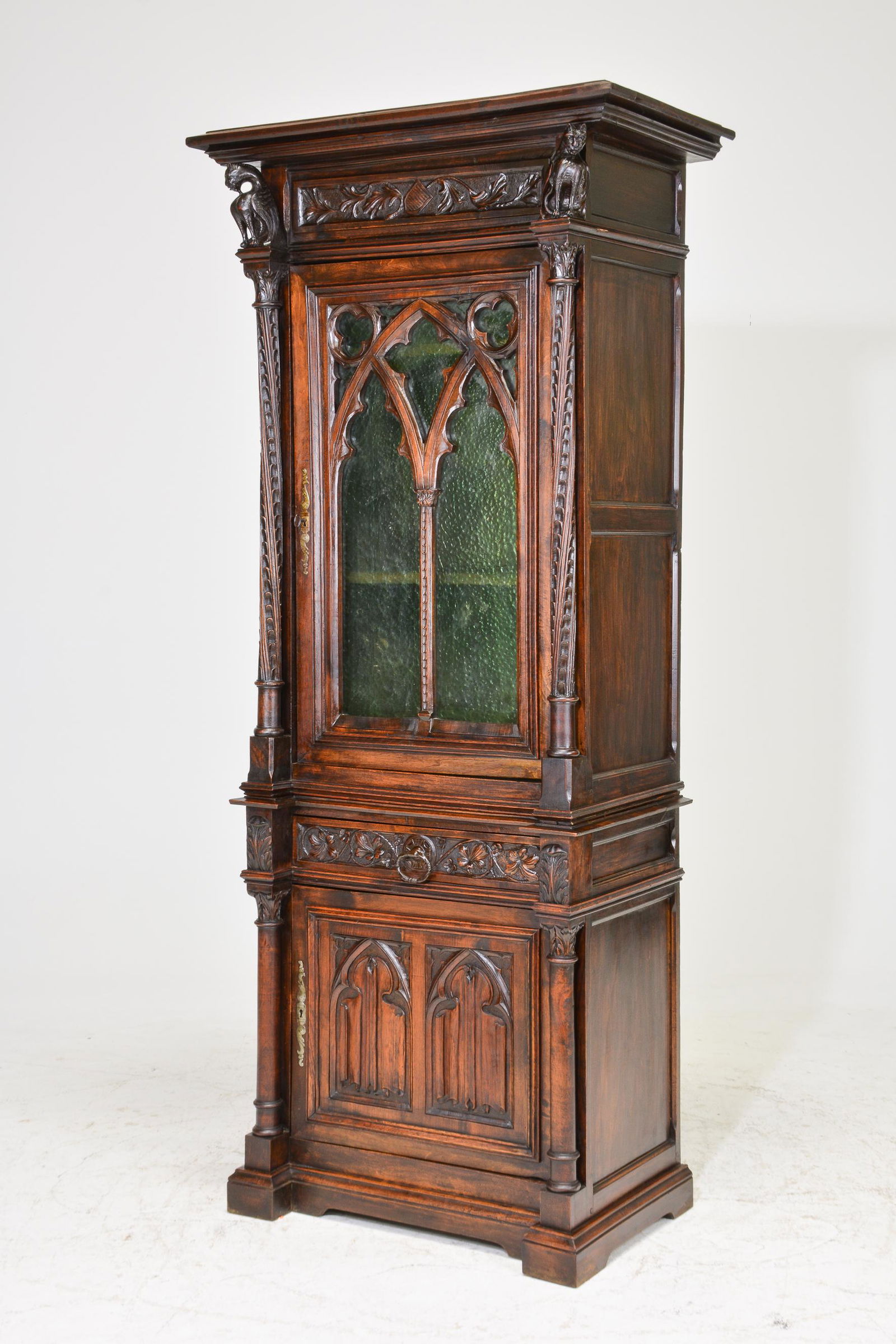 Gothic Style Carved Hall Cabinet with Green Glass (1 of 6)