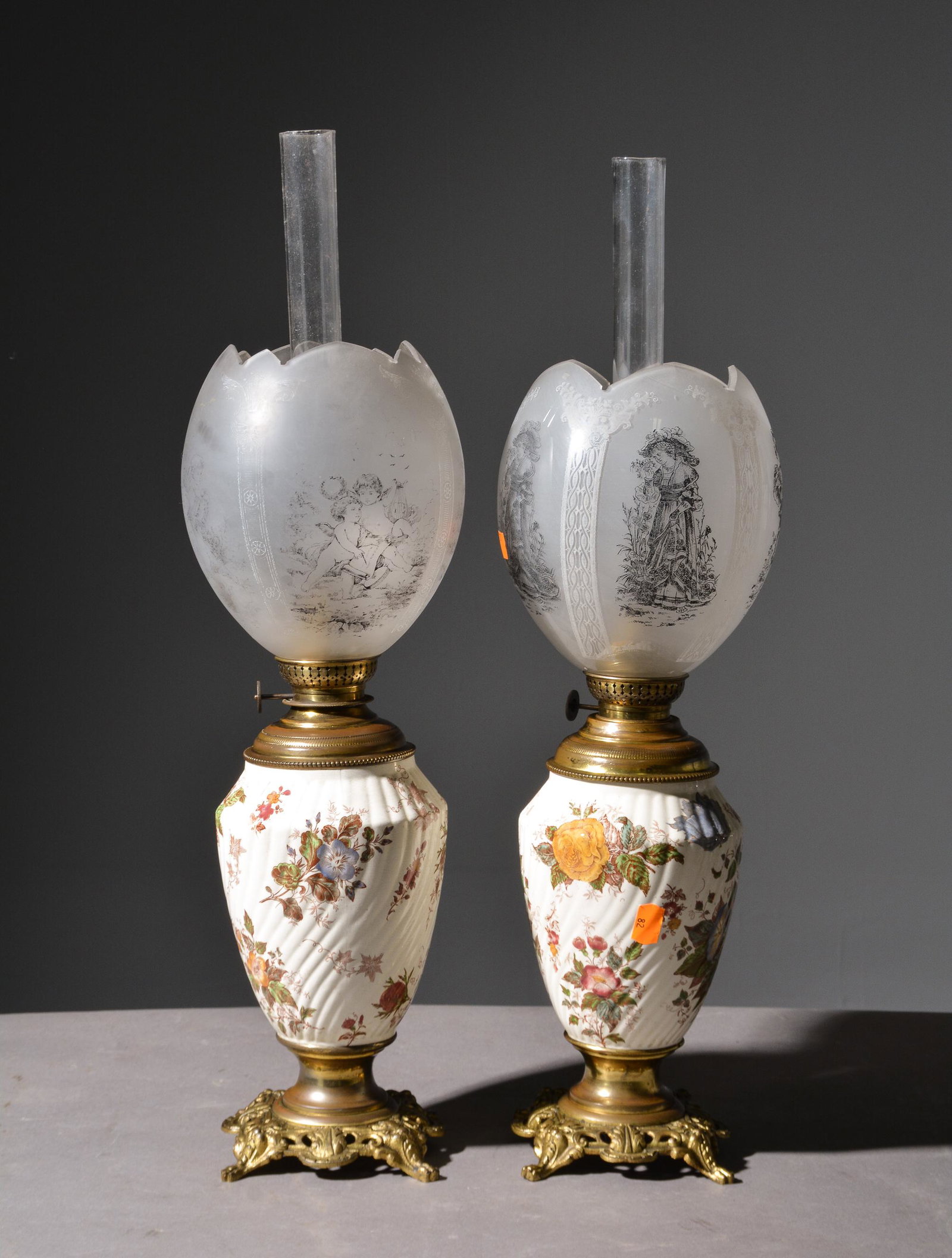 Pair of Porcelain Oil Lamps: Pair of Porcelain Oil Lamps - 25 in tall x 7 inch diameter
