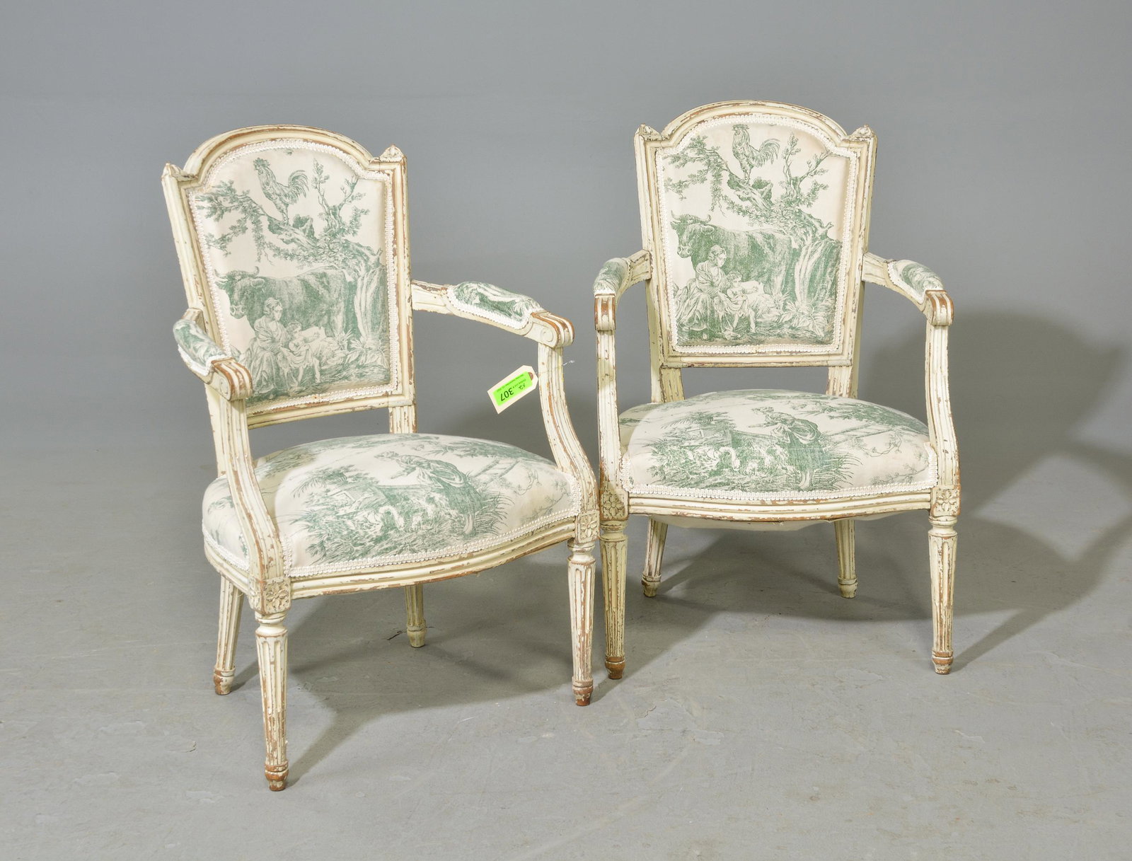 2 Louis XVI Style Painted Arm Chairs: 2 French Louis XVI Style Painted Arm Chairs - 34 in tall x 22 x 19