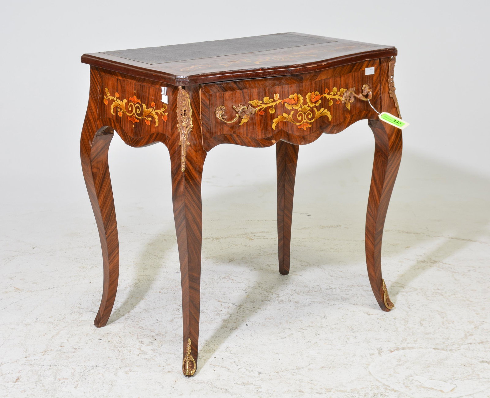 French Replica Inlaid Writing Table with Drawer: French Replica Inlaid Writing Table with Drawer - 31 in tall x 31 x 19, Apron to floor is 22 inches