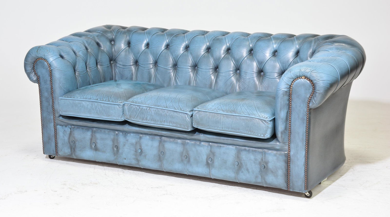 British Blue Leather Button Tufted Chesterfield Sofa (1 of 5)