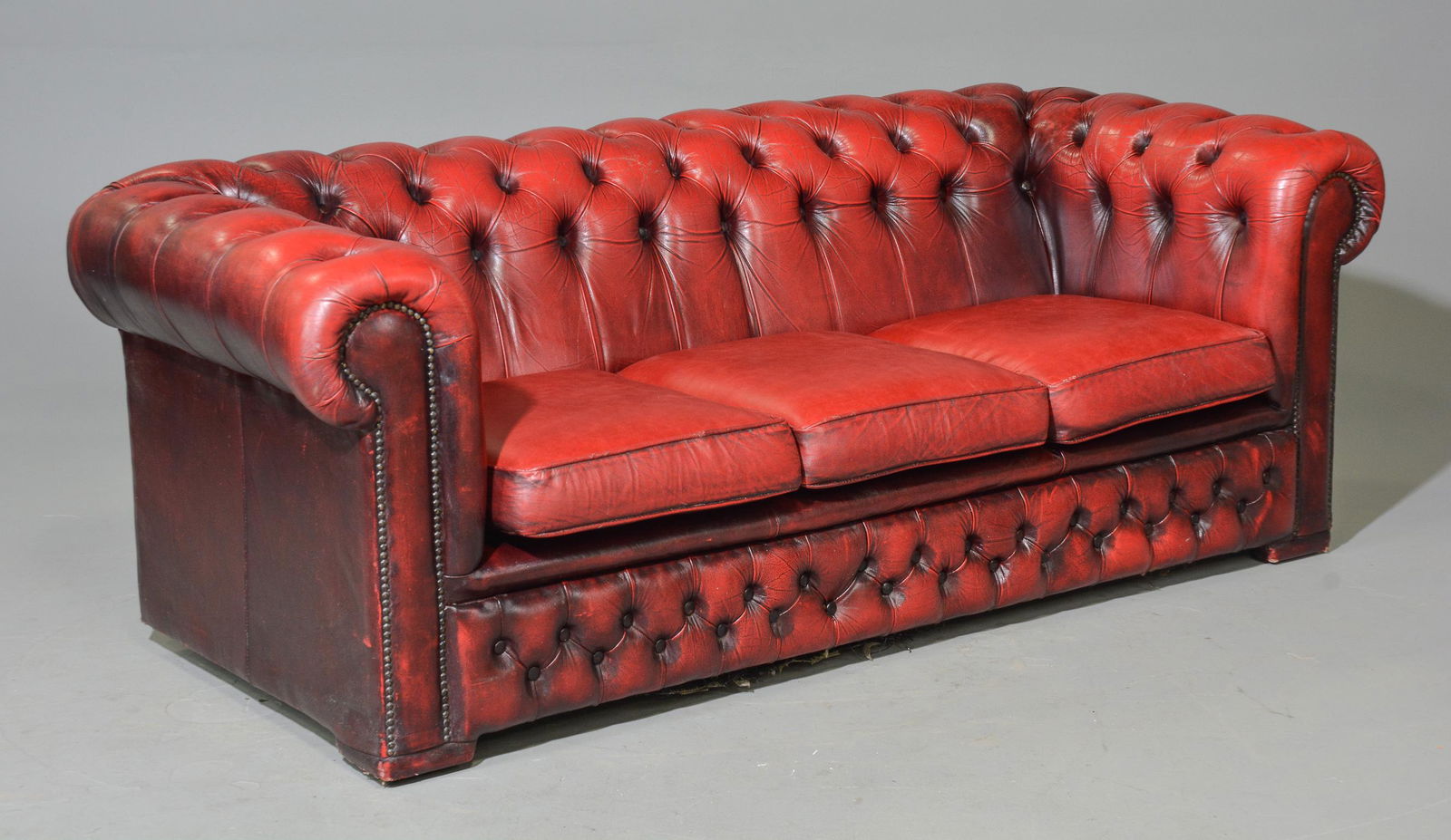 British Red Leather Button Tufted Chesterfield Sofa (1 of 5)