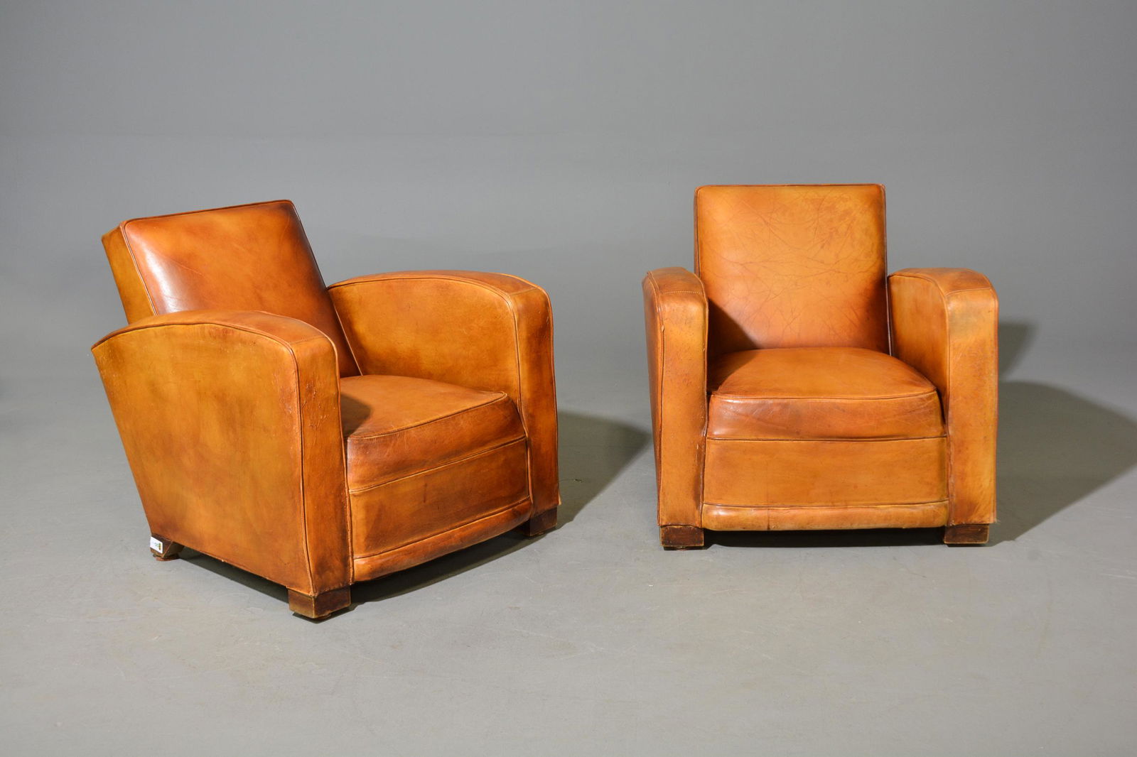 2 French Leather Art Deco Style Club Chairs