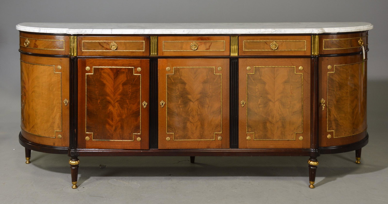 Louis XVI Style White Marble Top Sideboard: French Louis XVI Style White Marble Top Sideboard / Enfilade - 41 in tall x 99 x 23