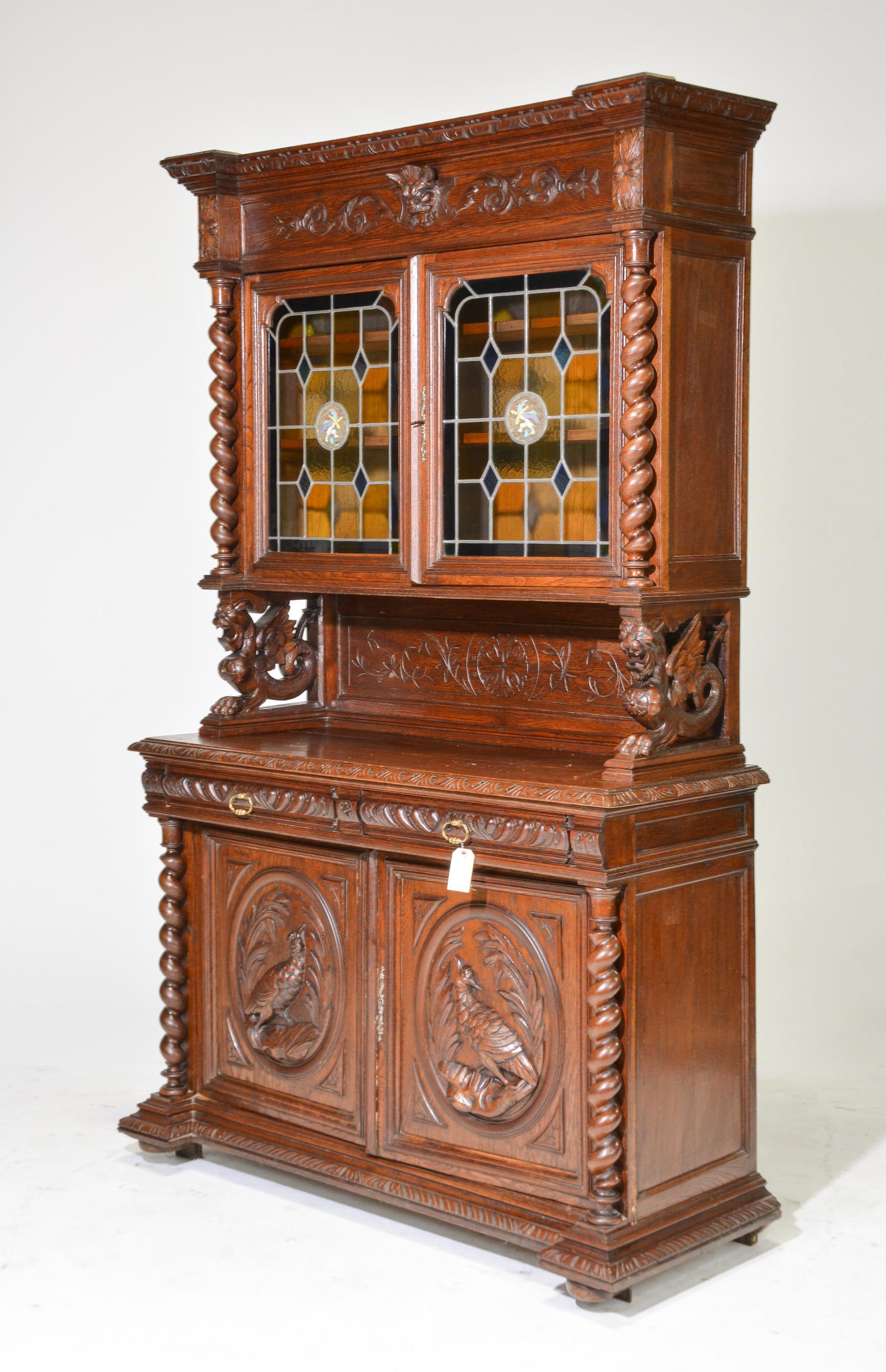 Louis XIII Style Oak Barley Twist Double Buffet: French Louis XIII Style Oak Barley Twist Double Buffet with Stained Glass Top - 91 in tall x 56 x 22