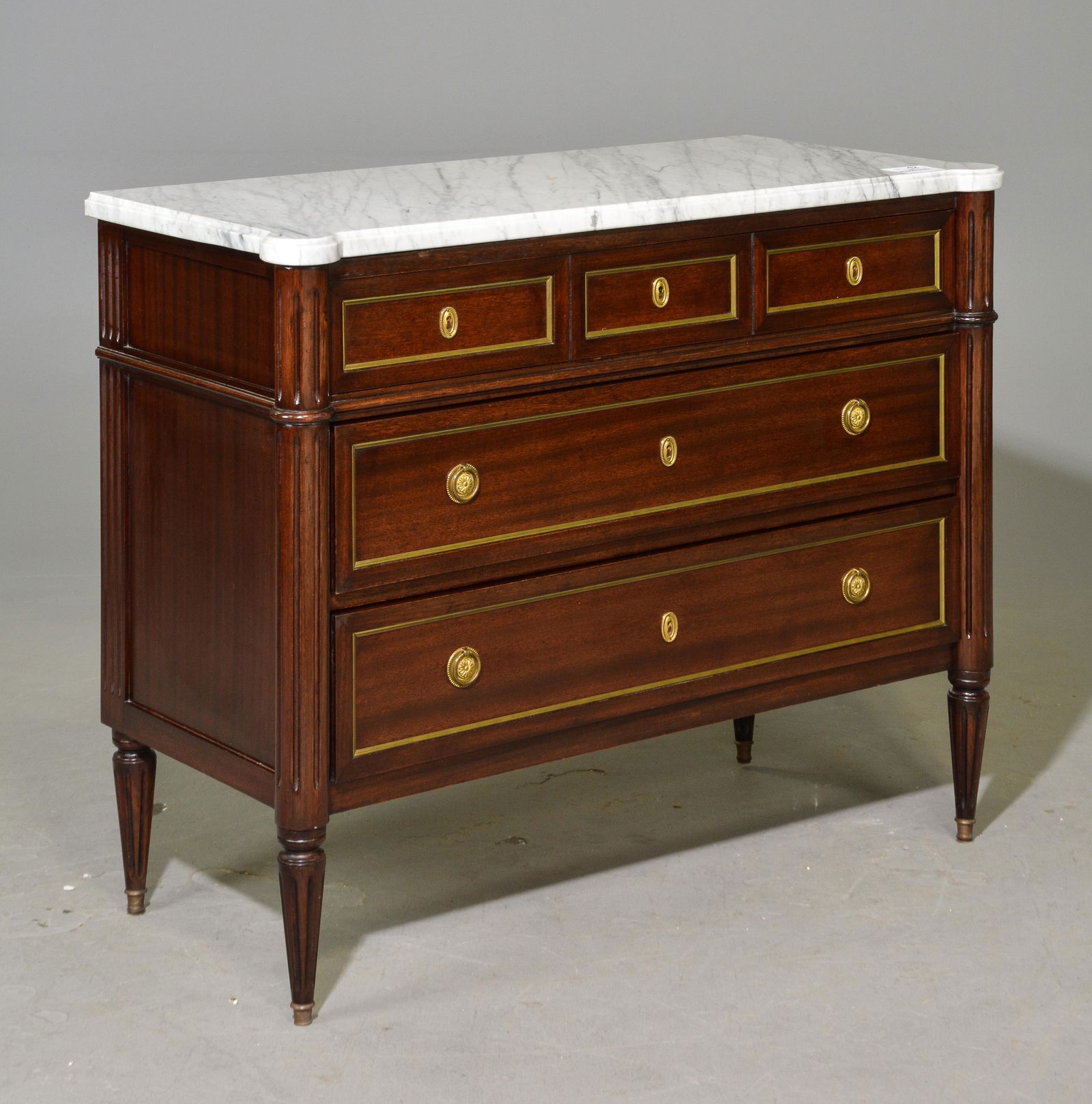Louis XVI Style White Marble Top Chest: French Louis XVI Style White Marble Top Chest / Commode - 34 in tall x 44 x 20