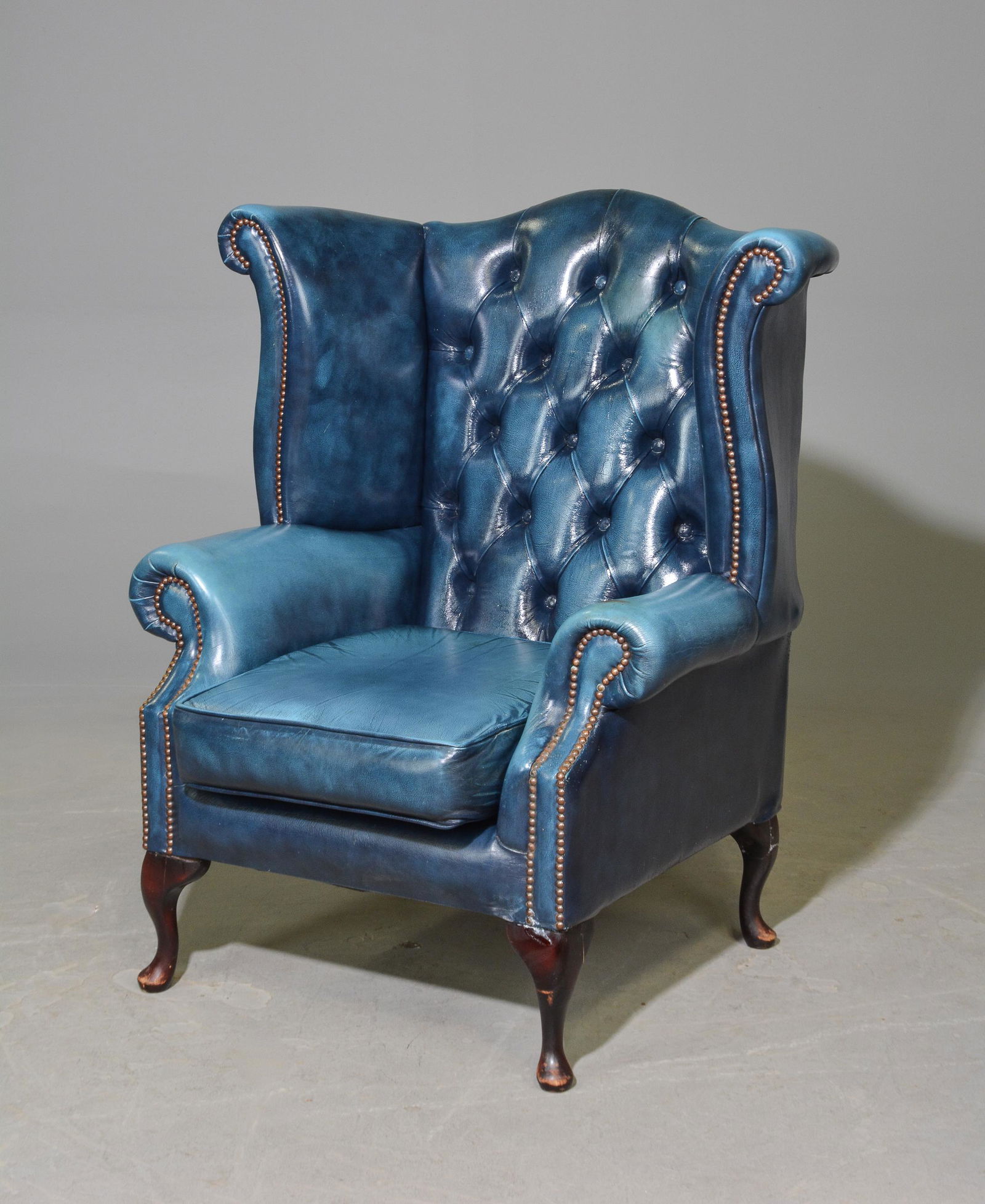 British Blue Leather Wing Back Chesterfield Chair (1 of 5)