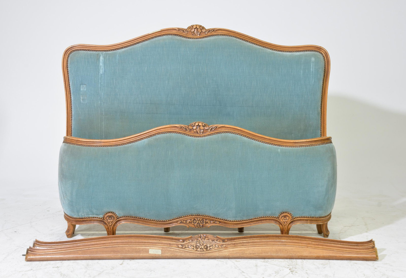 Louis XV Style Upholstered Bed with Rails: French Louis XV Style Upholstered Bed with Rails - Headboard is 48 in tall x 60 x 4, Rails are 71 inches long - This bed is a European Size which can easily be converted to an American size by removin