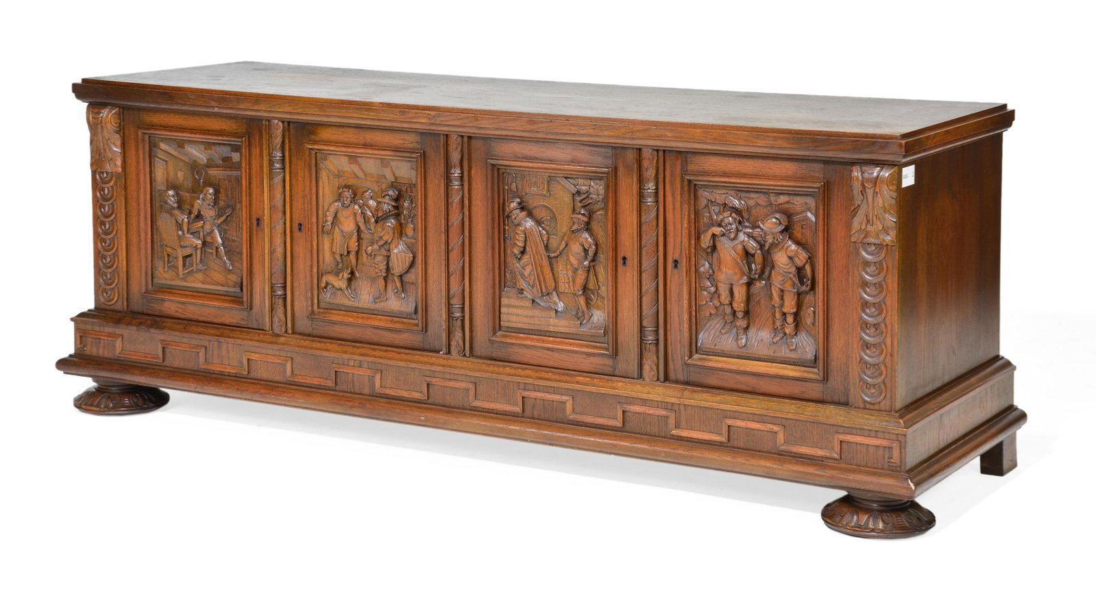 Breton Style Oak Sideboard with Figural Relief Doors: Breton Style Carved Oak Sideboard with Figural Relief Doors - 30 in tall x 76 x 23