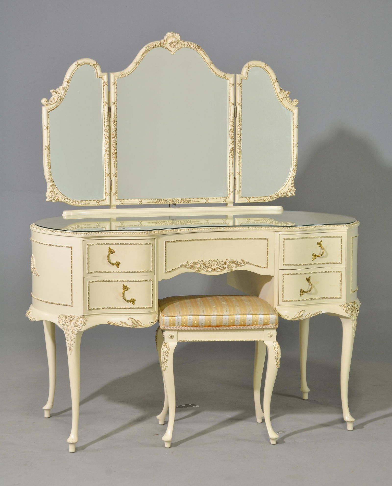 English Triple Mirror Dresser & Stool (1 of 4)