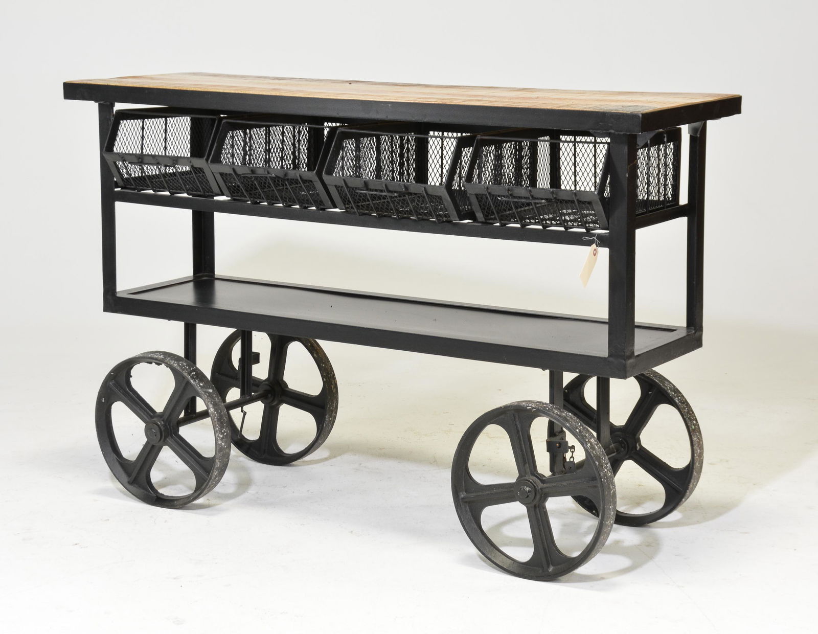 Industrial Rolling Metal Console / Cart with Wood Top (1 of 4)