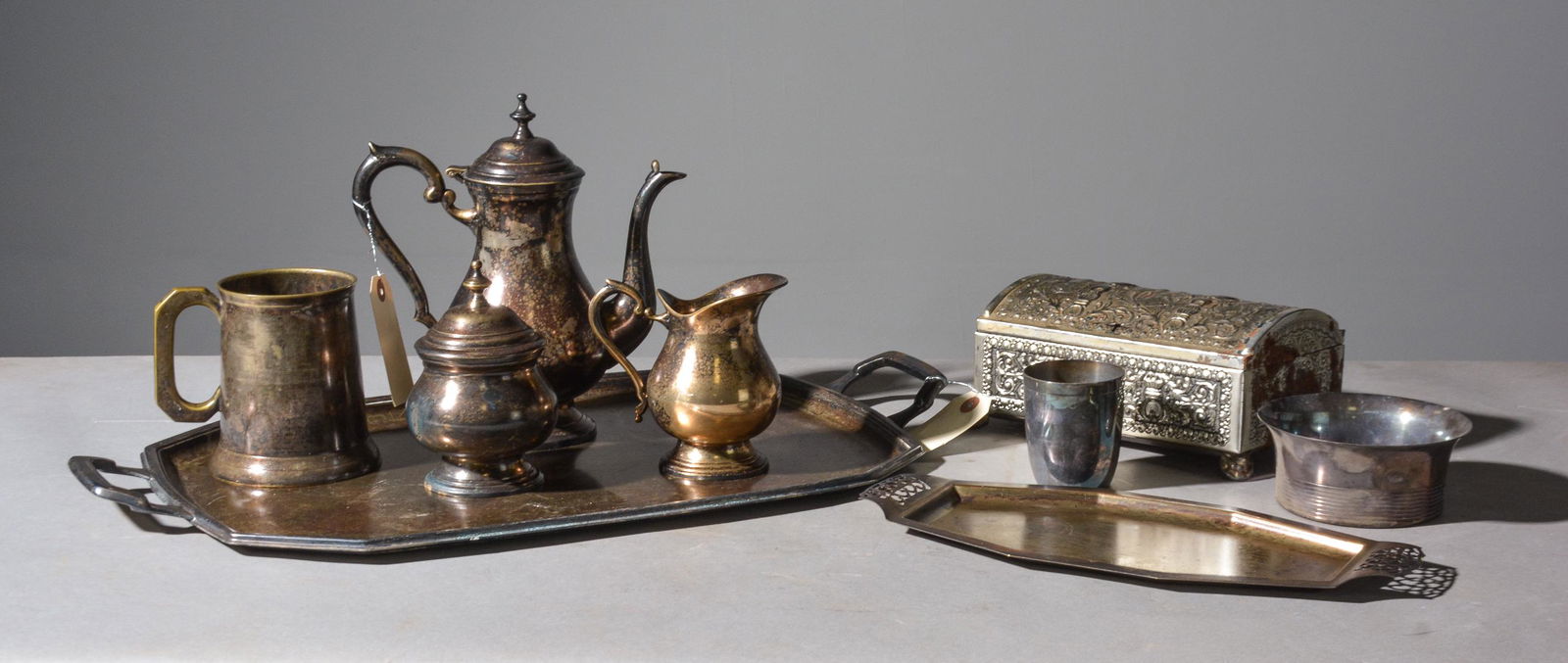 Set Of 9 Brass China, Plates, Tea Pot, Tray Etc. (1 of 4)