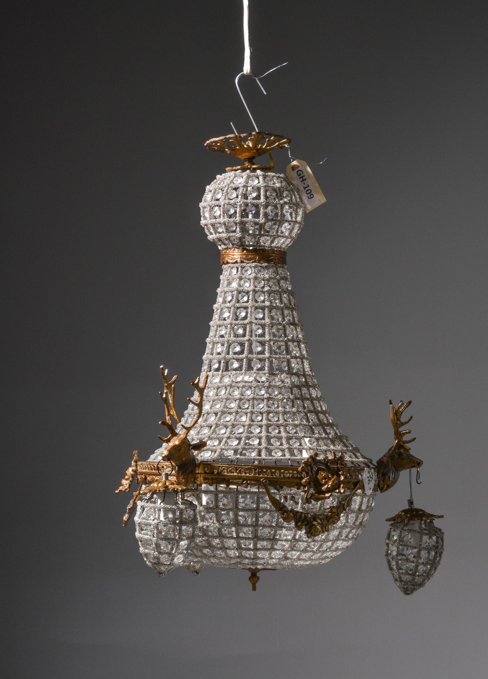 Empire Style Chandelier - Stag Heads & Clear Beading: 2 Empire Style Chandeliers - Stag Heads & Clear Beading - 32 in tall x 22 x 22