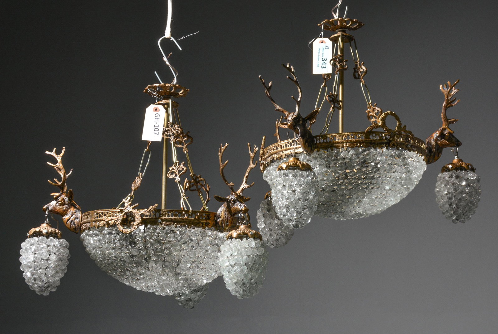 2 Empire Style Stag Head Chandeliers: 2 Empire Style Stag Head Chandeliers - 18 in tall x 19 x 19