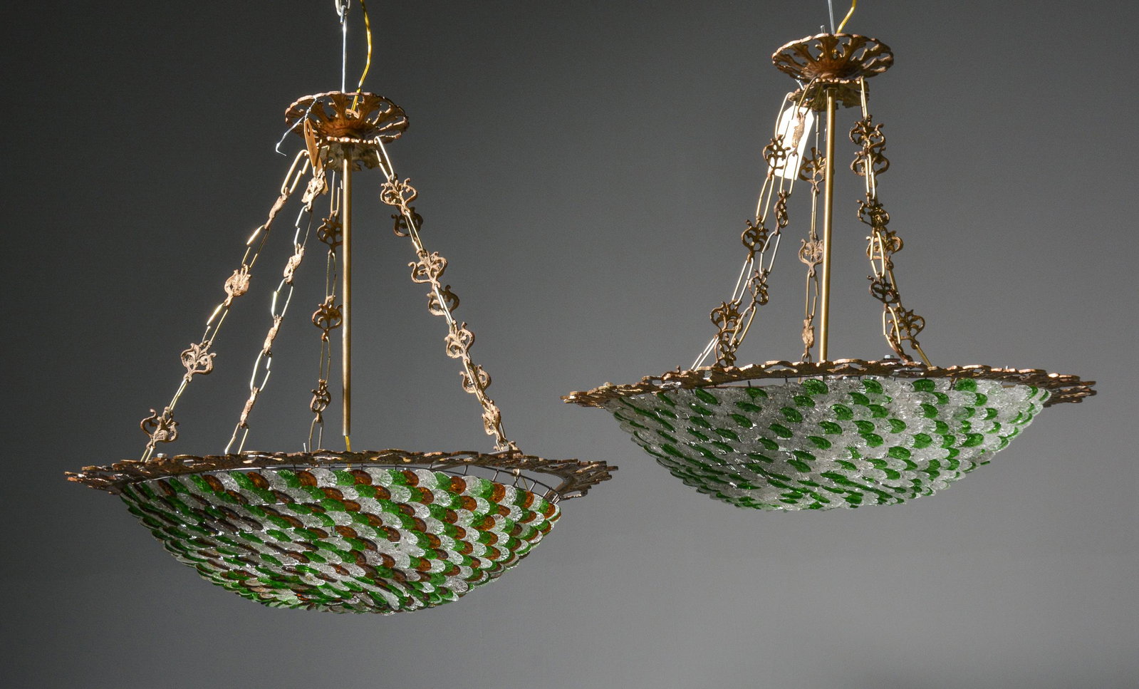 2 Empire Stye Chandelier With Green Glass: 2 Empire Stye Chandelier With Green Glass - 21 in tall x 25 x 25