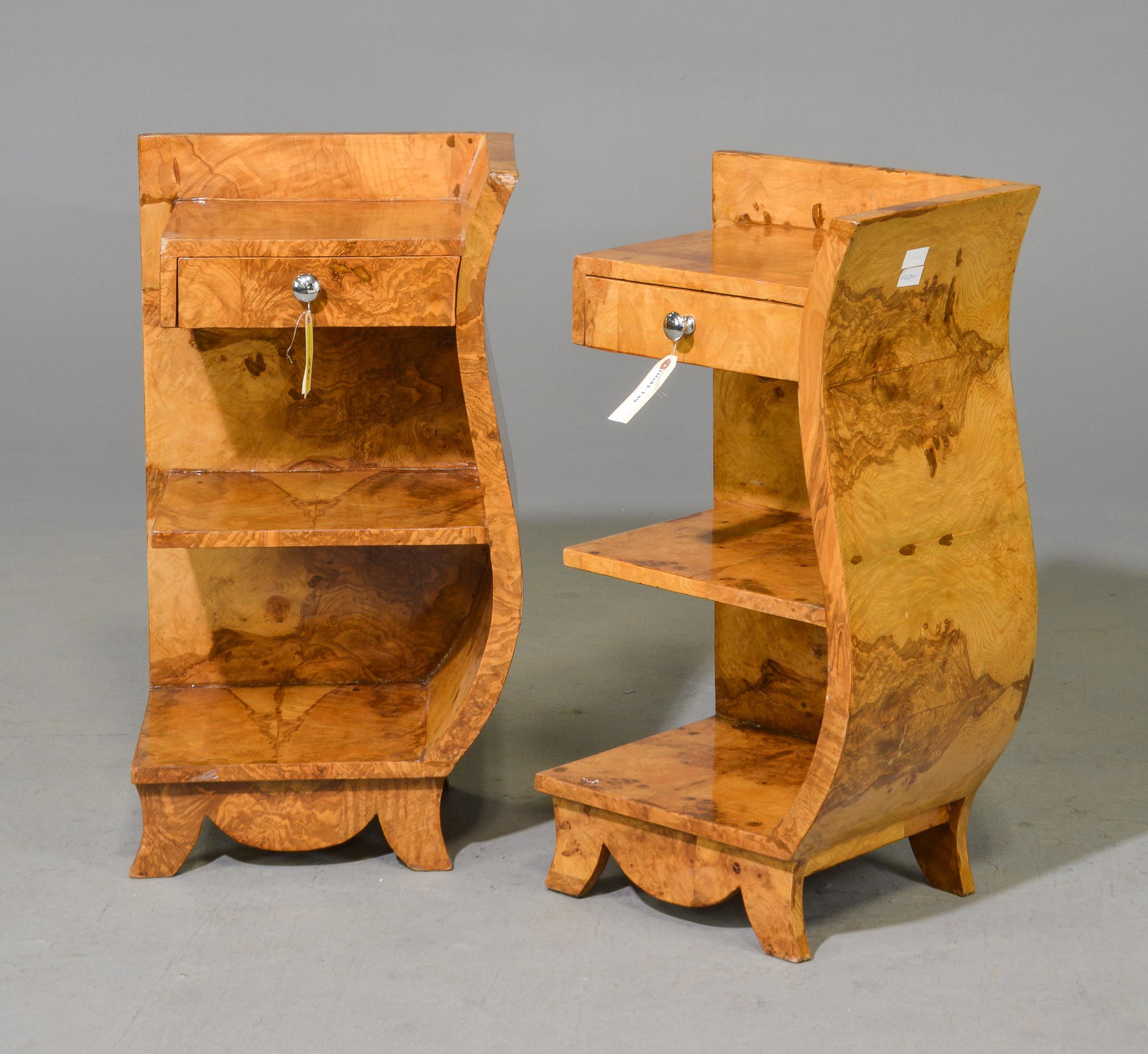 New Item, 2 Burled Art Deco Style Nightstands: New Item, 2 Burled Art Deco Style Nightstands - 29 in tall x 16 x 13