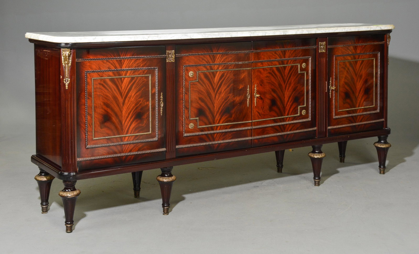 Louis XVI Style White Marble Top Sideboard: French Louis XVI Style White Marble Top Mahogany Sideboard - 41 in tall x 96 x 21